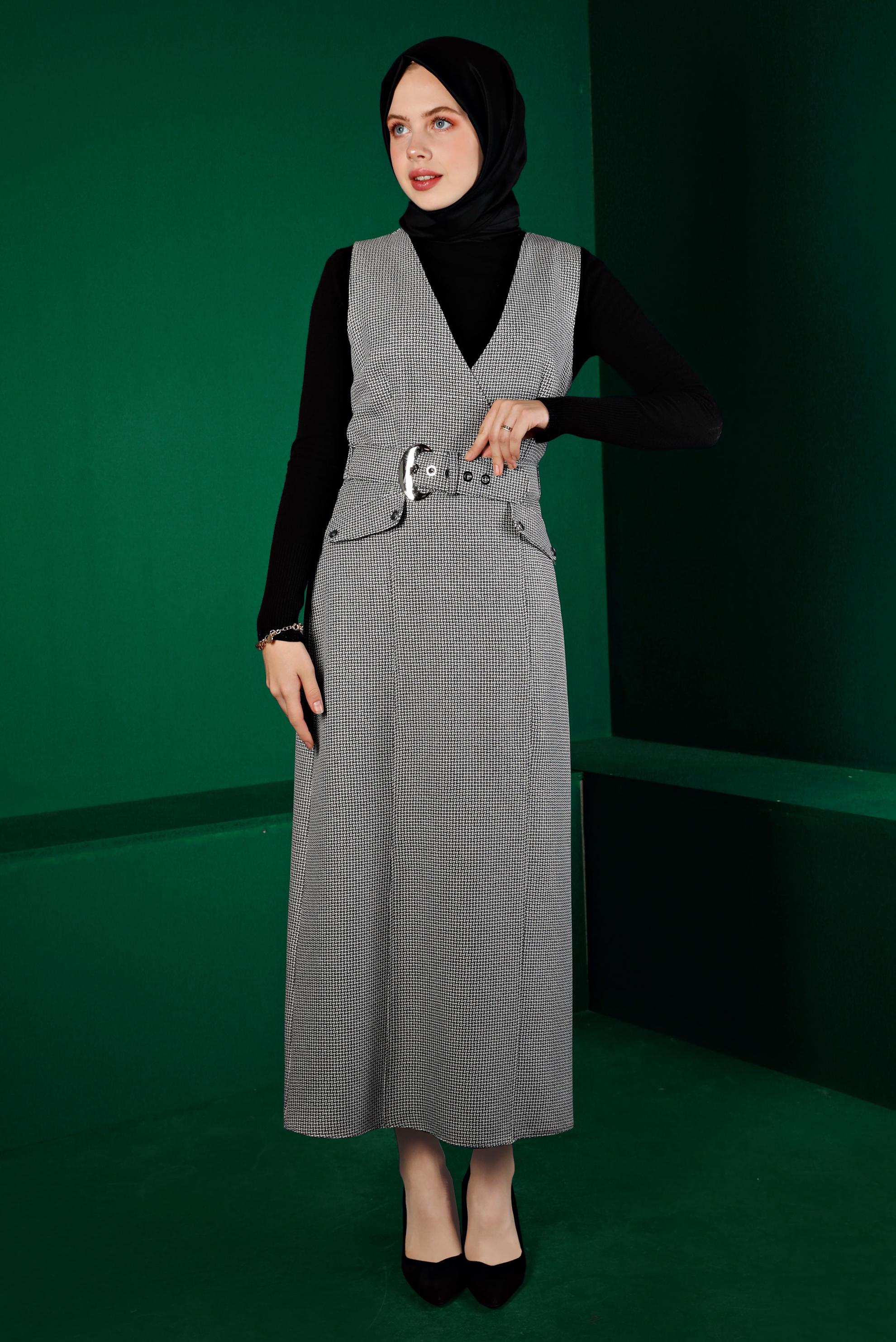 Tesettür giyim SİYAH KAZAYAĞI DESENLİ KEMERLİ JİLE 43366