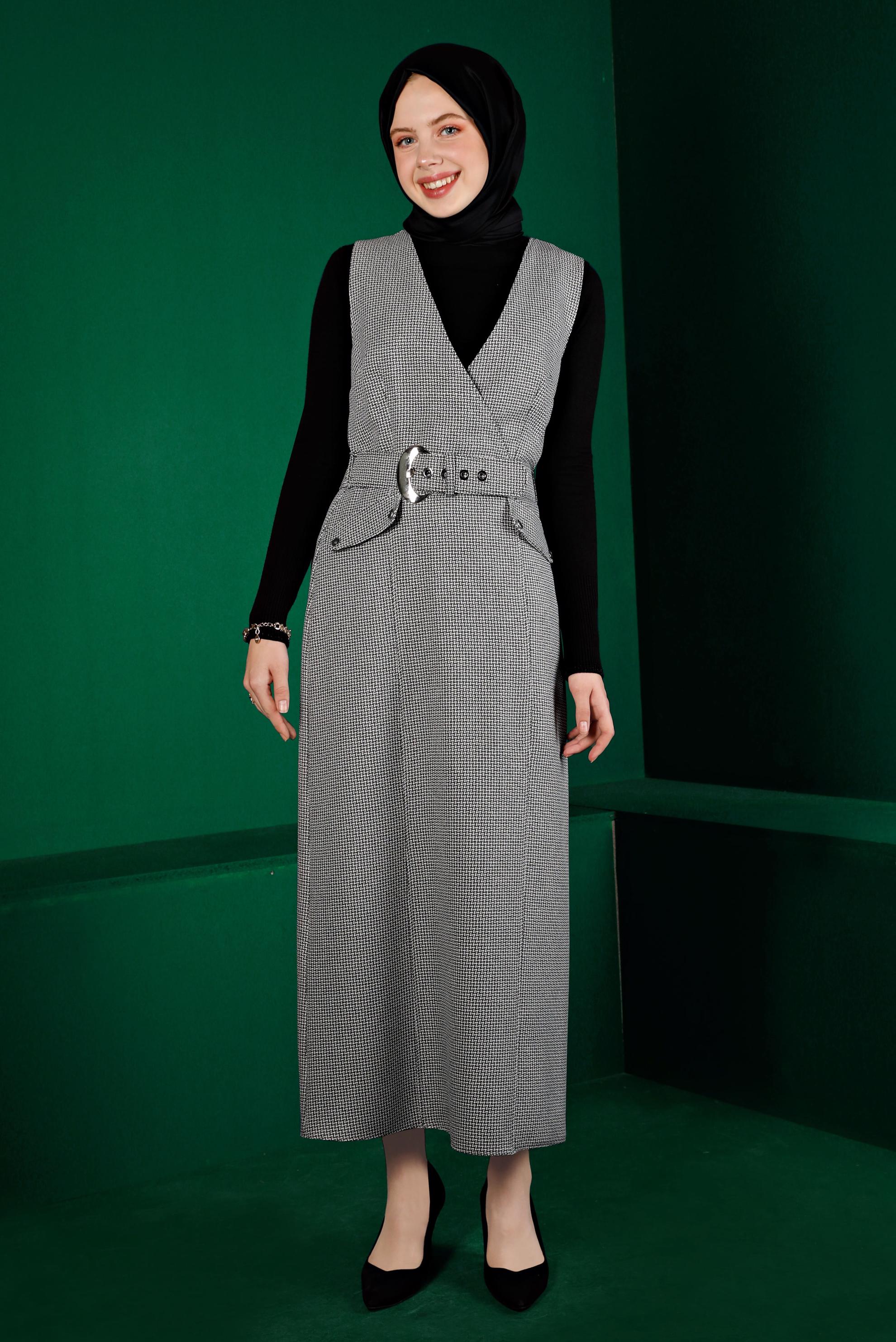Tesettür giyim SİYAH KAZAYAĞI DESENLİ KEMERLİ JİLE 43366