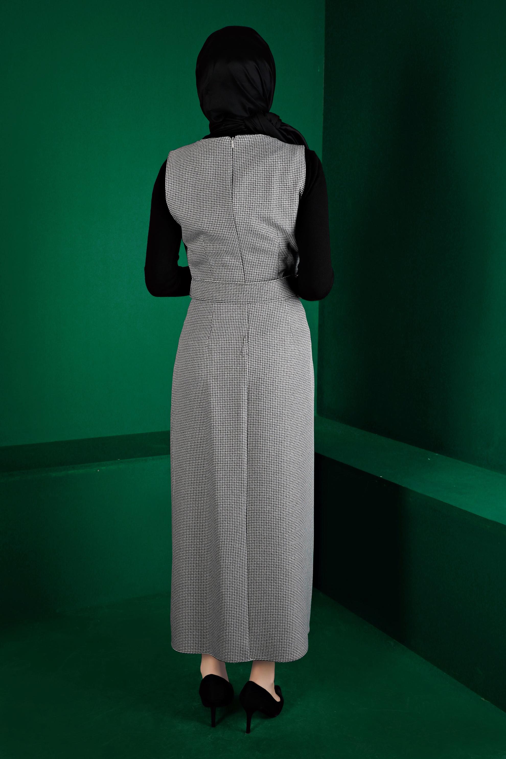 Tesettür giyim SİYAH KAZAYAĞI DESENLİ KEMERLİ JİLE 43366