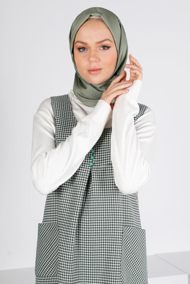 Tesettür giyim YEŞİL KAZAYAĞI DESENLİ DÜĞMELİ JİLE 43431  - ALVİNA