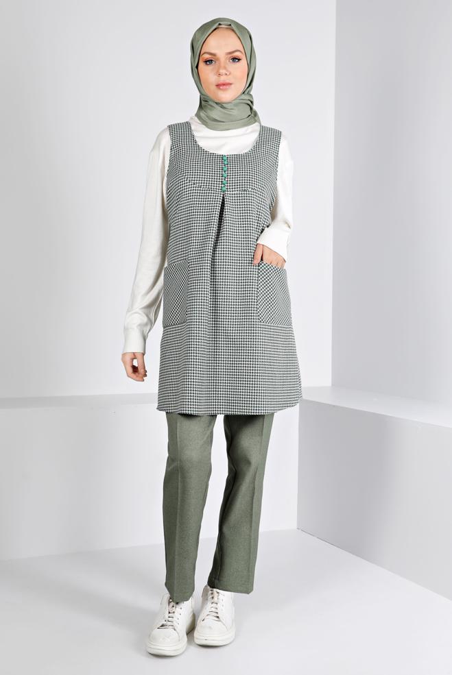 Tesettür giyim YEŞİL KAZAYAĞI DESENLİ DÜĞMELİ JİLE 43431  - ALVİNA