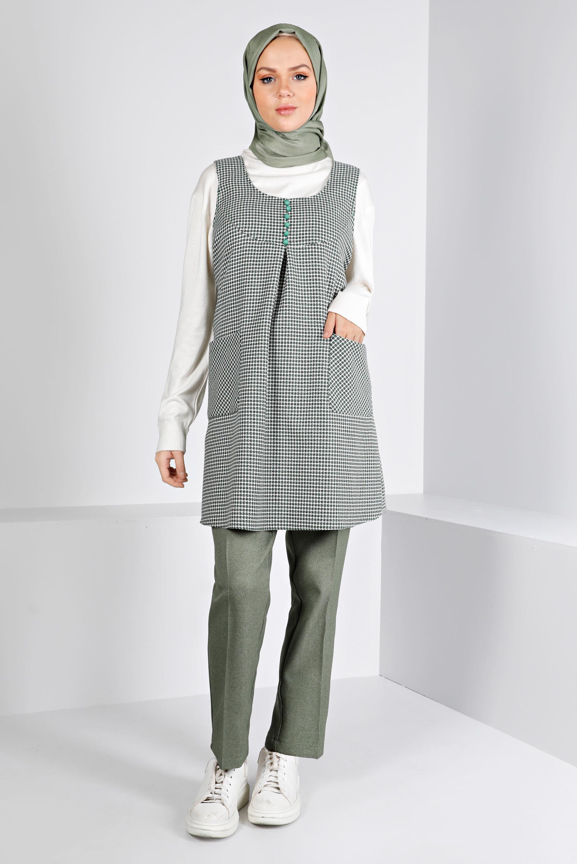 Tesettür giyim YEŞİL KAZAYAĞI DESENLİ DÜĞMELİ JİLE 43431 