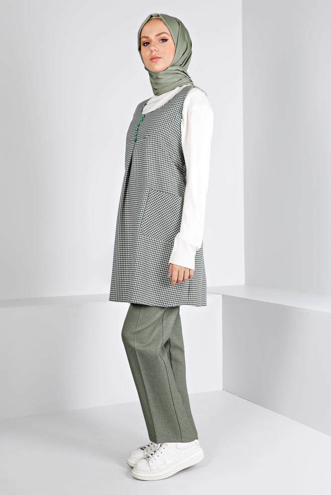Tesettür giyim YEŞİL KAZAYAĞI DESENLİ DÜĞMELİ JİLE 43431  - ALVİNA