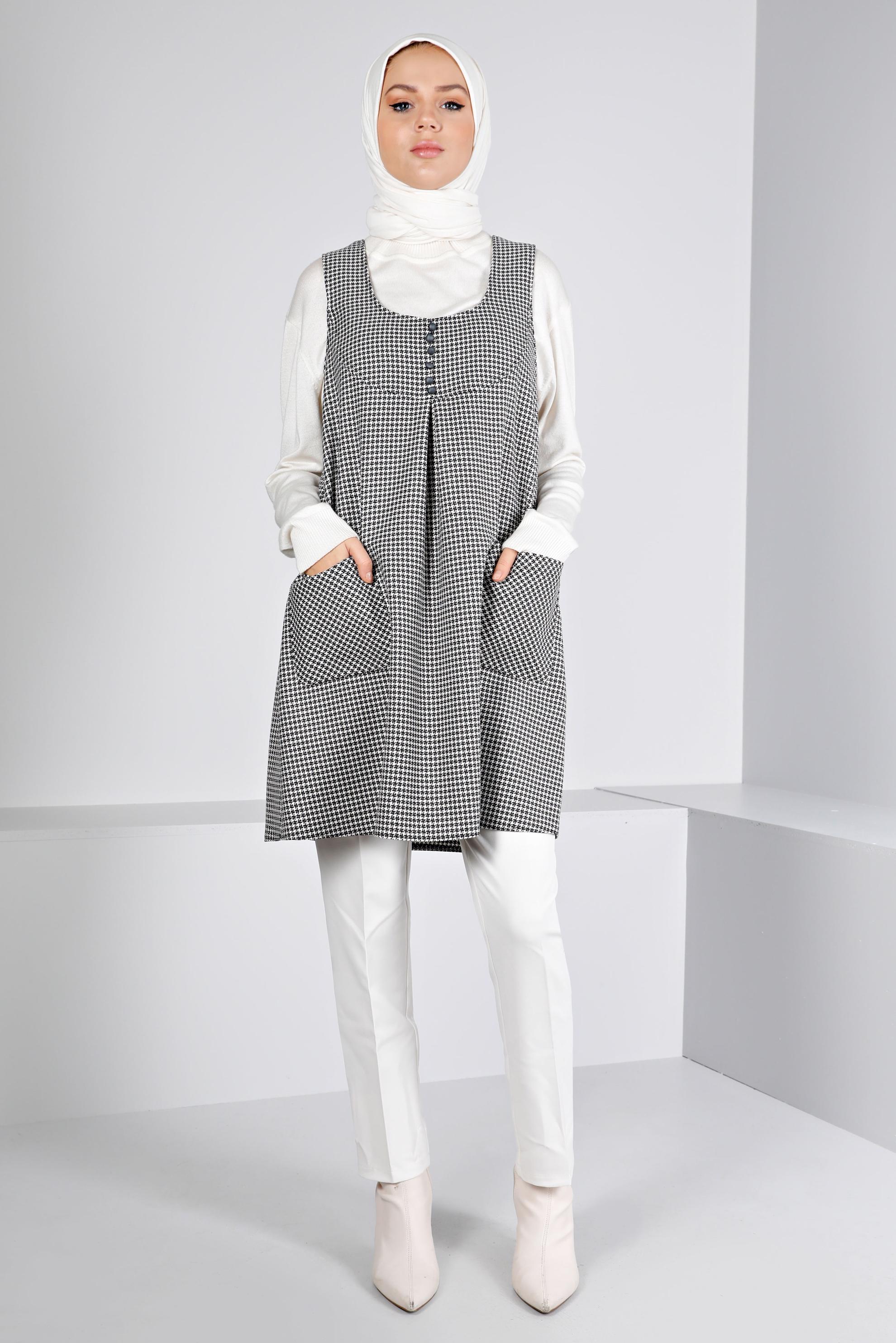 Tesettür giyim GRİ KAZAYAĞI DESENLİ DÜĞMELİ JİLE 43431 