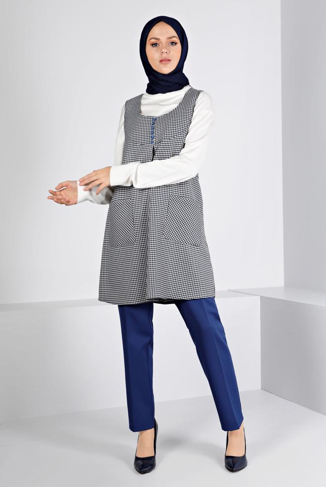 Tesettür giyim LACİVERT KAZAYAĞI DESENLİ DÜĞMELİ JİLE 43431  - ALVİNA