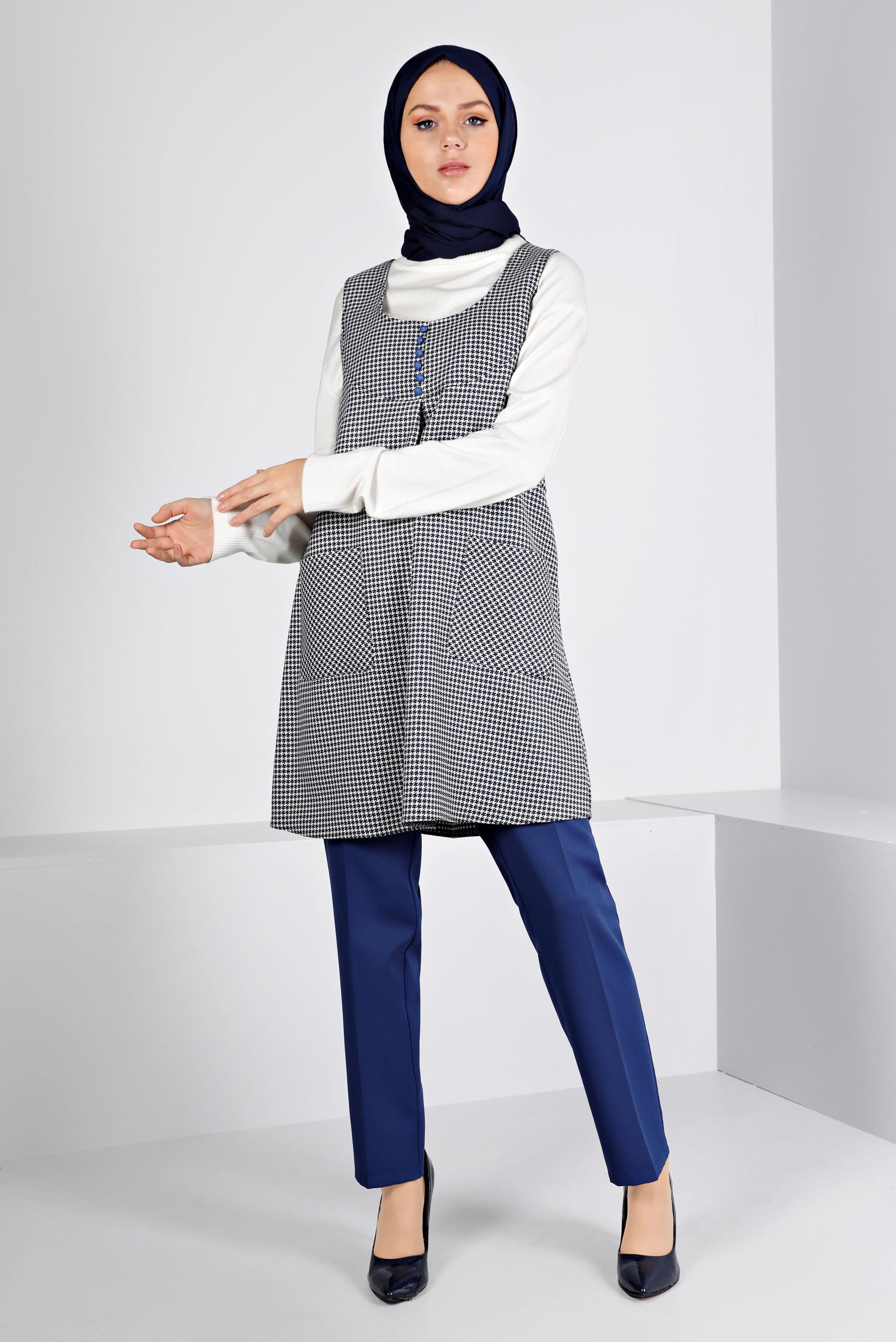 Tesettür giyim LACİVERT KAZAYAĞI DESENLİ DÜĞMELİ JİLE 43431 