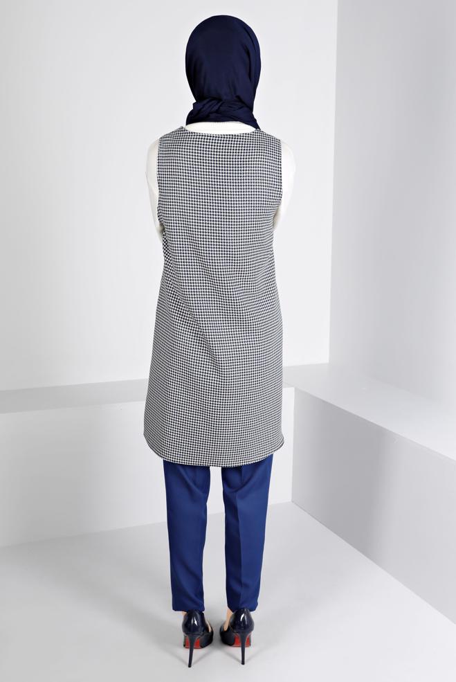 Tesettür giyim LACİVERT KAZAYAĞI DESENLİ DÜĞMELİ JİLE 43431  - ALVİNA