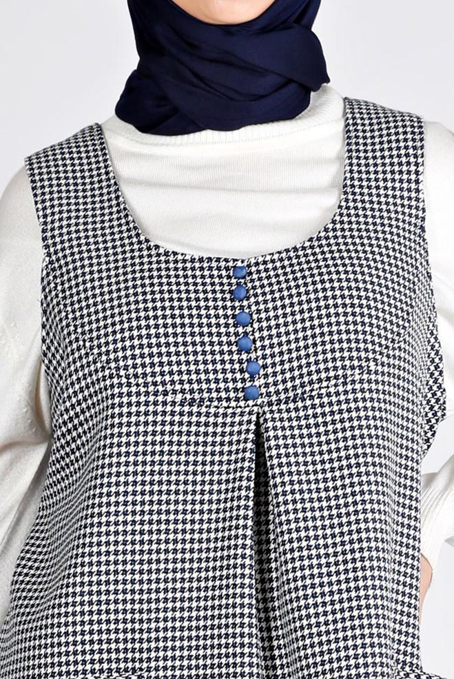 Tesettür giyim LACİVERT KAZAYAĞI DESENLİ DÜĞMELİ JİLE 43431  - ALVİNA