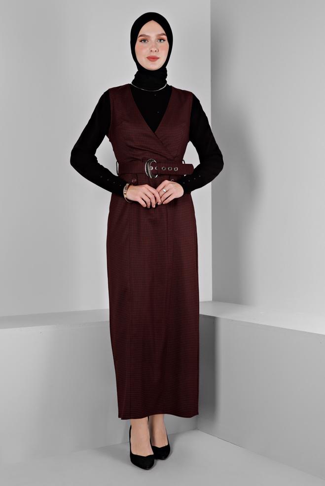 Tesettür giyim BORDO PÖTİKARE DESENLİ KEMERLİ JİLE 43454  - ALVİNA