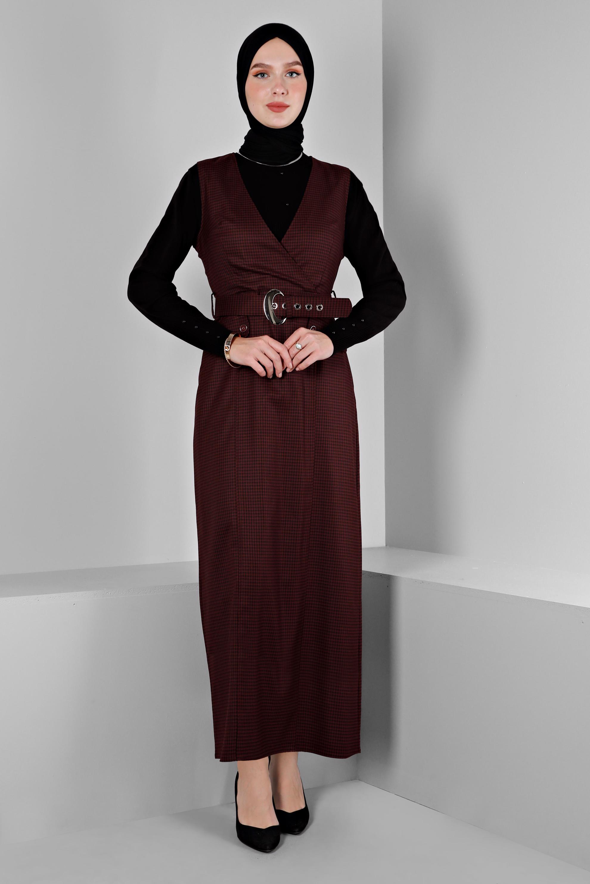 Tesettür giyim BORDO PÖTİKARE DESENLİ KEMERLİ JİLE 43454 