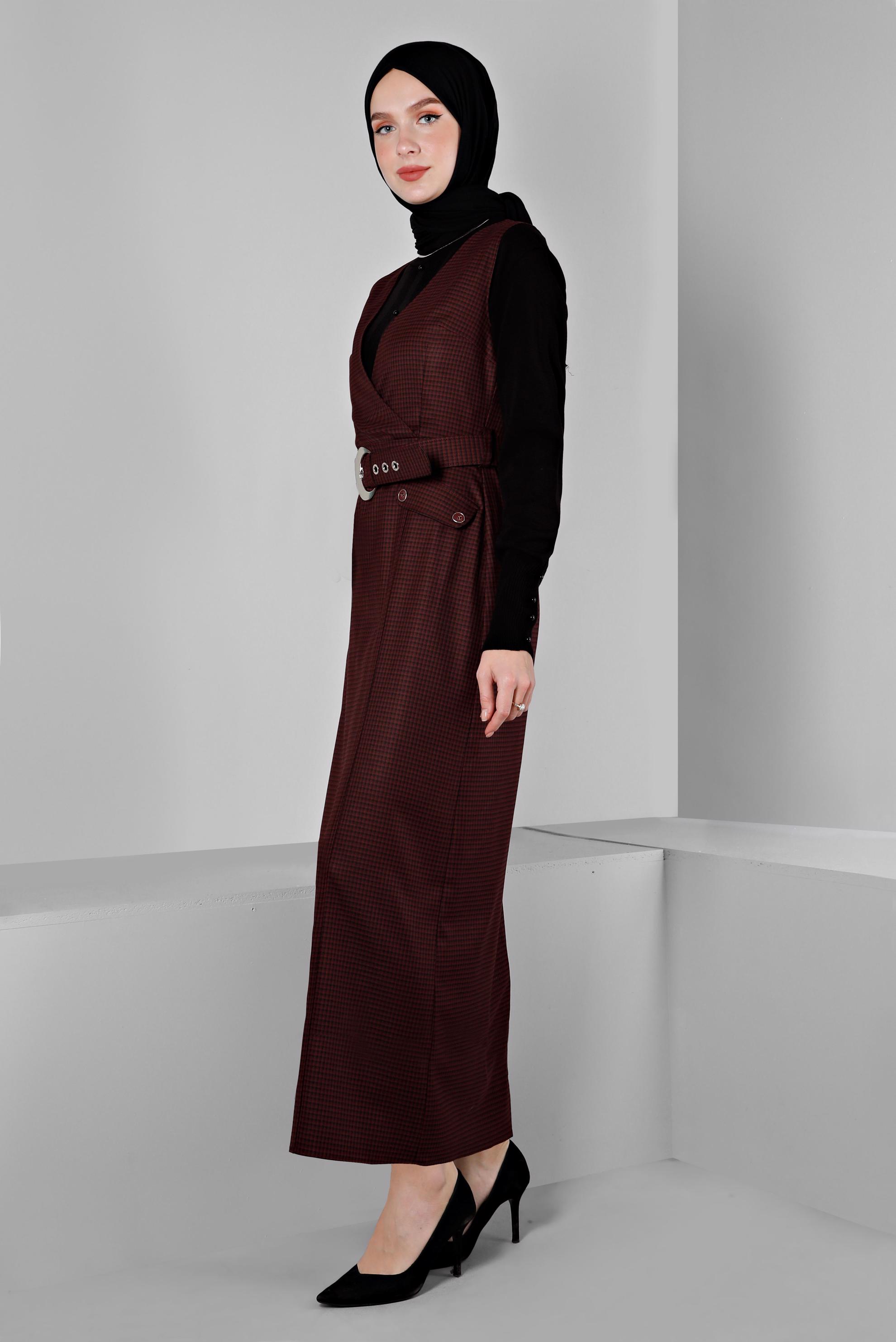 Tesettür giyim BORDO PÖTİKARE DESENLİ KEMERLİ JİLE 43454 