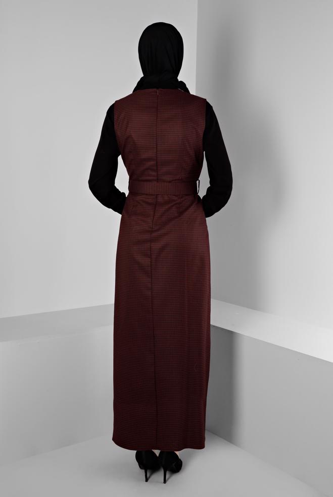 Tesettür giyim BORDO PÖTİKARE DESENLİ KEMERLİ JİLE 43454  - ALVİNA