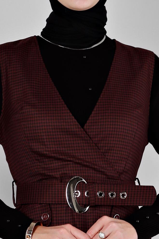 Tesettür giyim BORDO PÖTİKARE DESENLİ KEMERLİ JİLE 43454  - ALVİNA