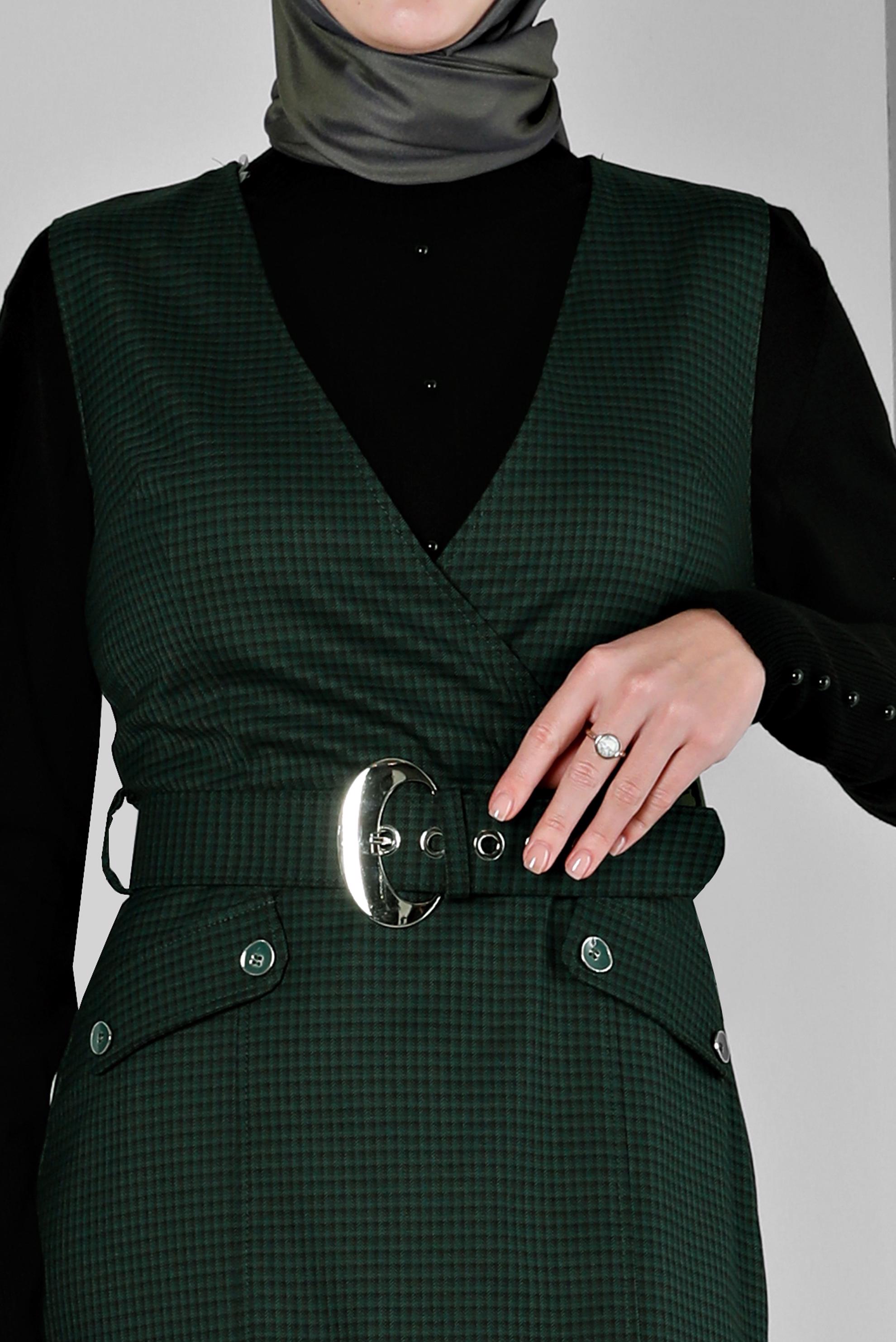 Tesettür giyim YEŞİL PÖTİKARE DESENLİ KEMERLİ JİLE 43454 