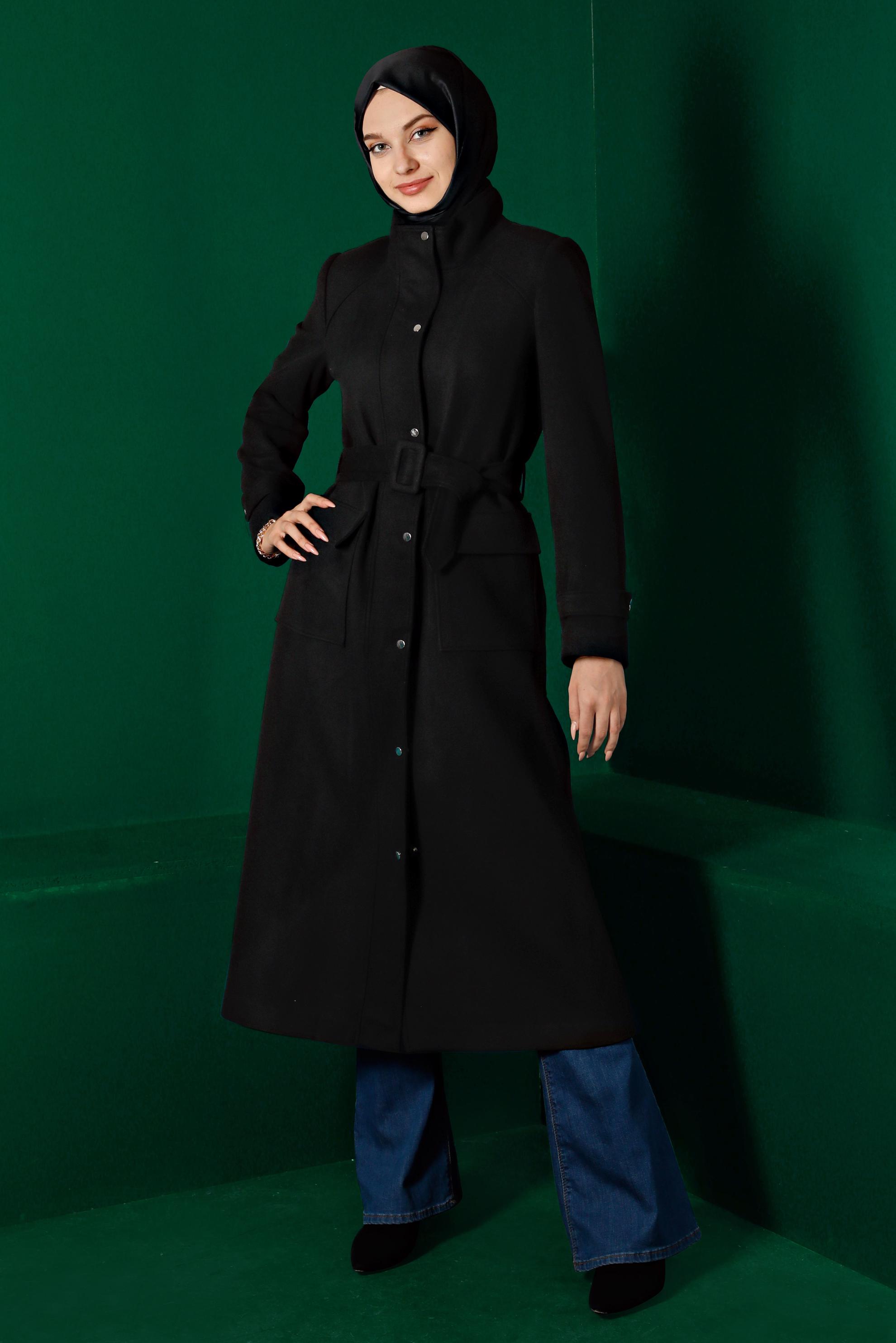 Tesettür giyim SİYAH KEMERLİ CEPLİ KABAN 90238 