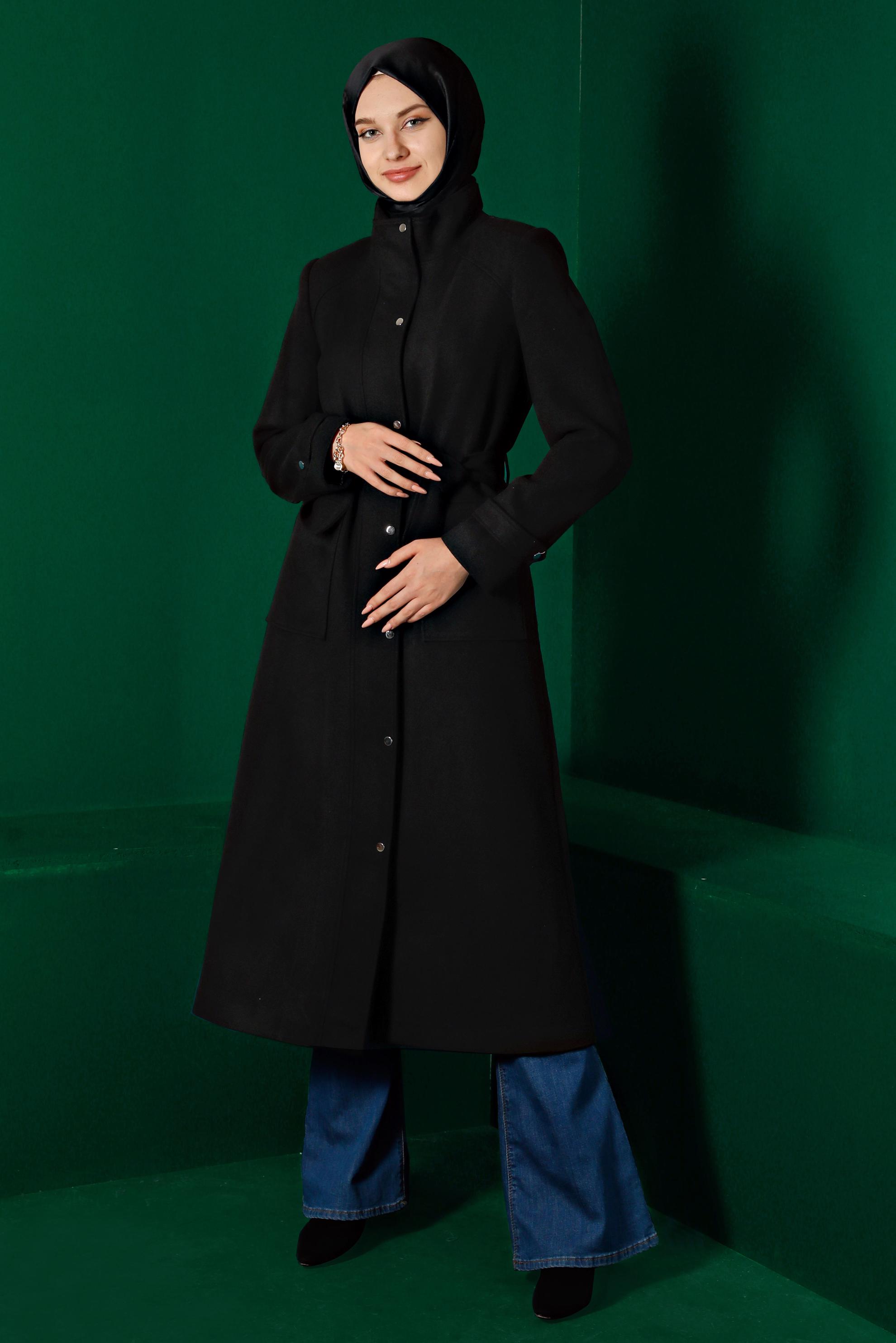 Tesettür giyim SİYAH KEMERLİ CEPLİ KABAN 90238 