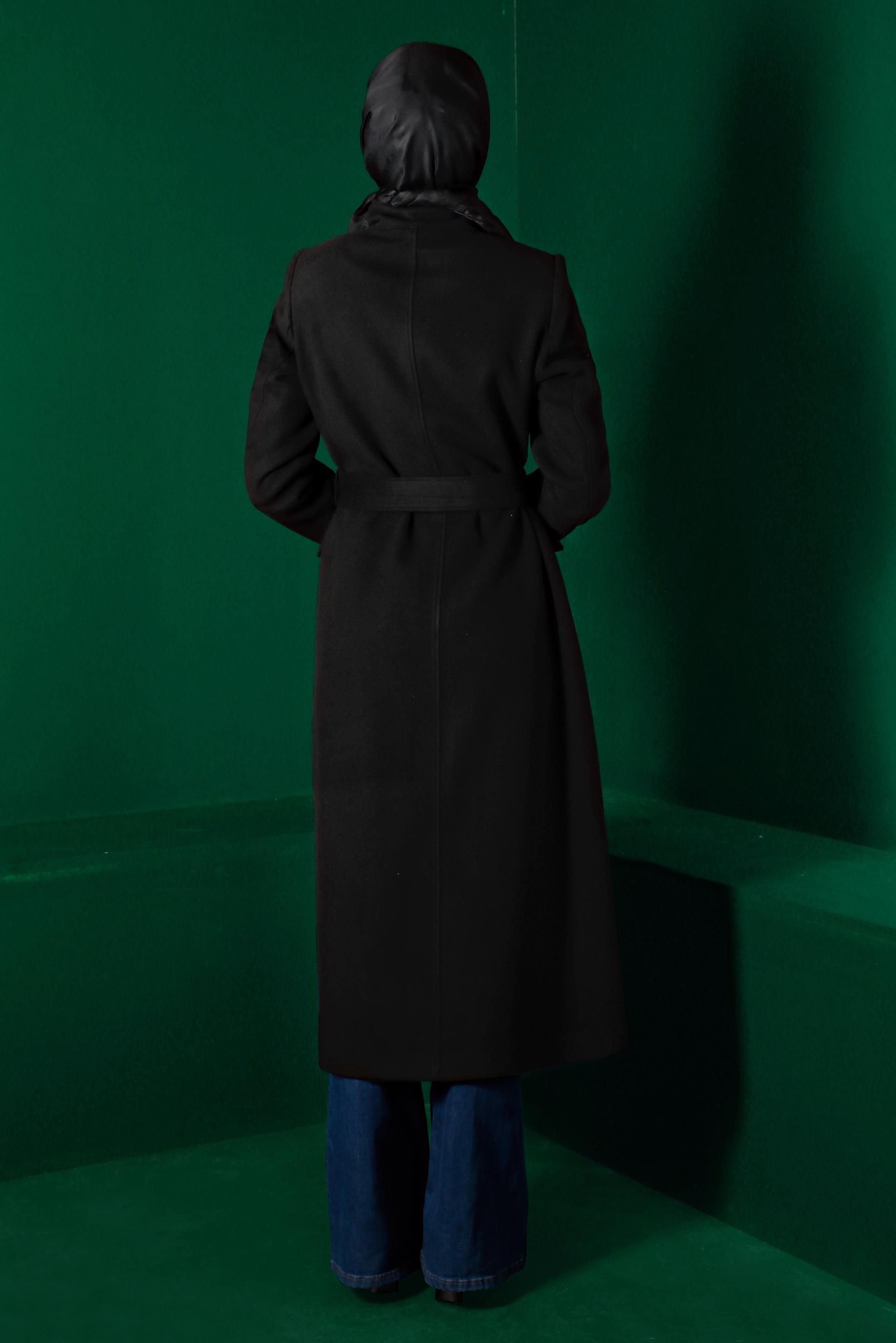 Tesettür giyim SİYAH KEMERLİ CEPLİ KABAN 90238 