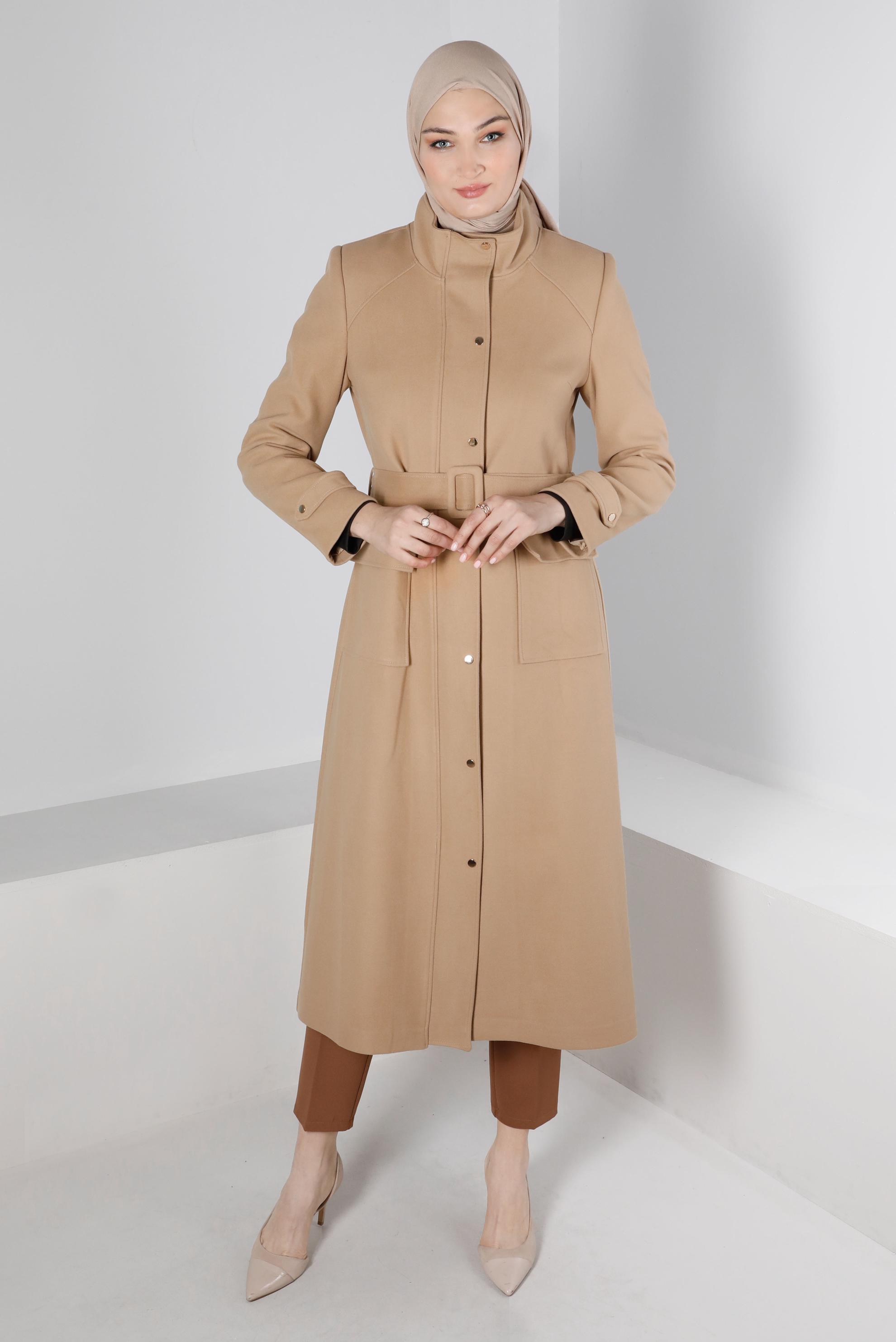 Tesettür giyim KAHVE KEMERLİ CEPLİ KABAN 90238 