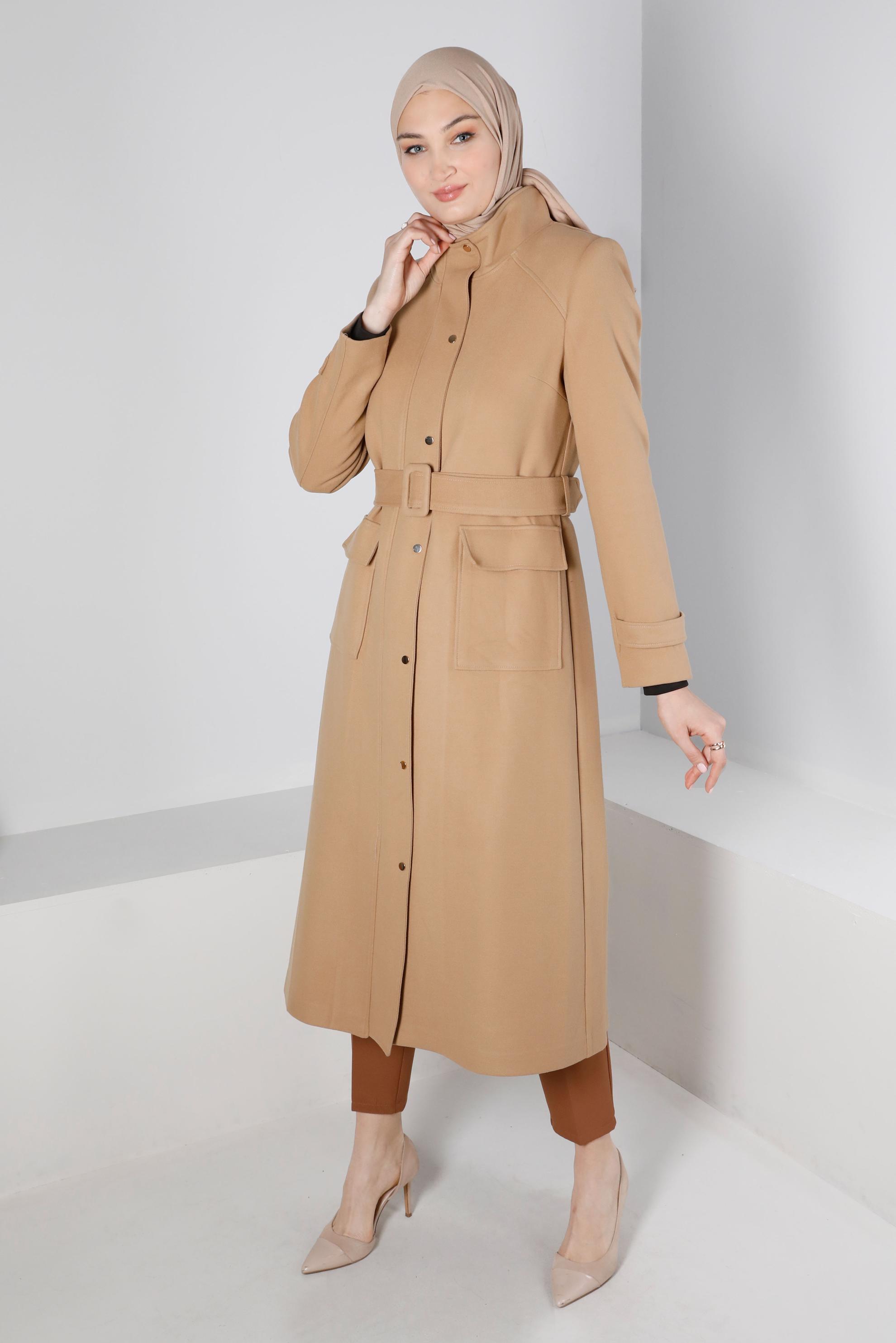 Tesettür giyim KAHVE KEMERLİ CEPLİ KABAN 90238 