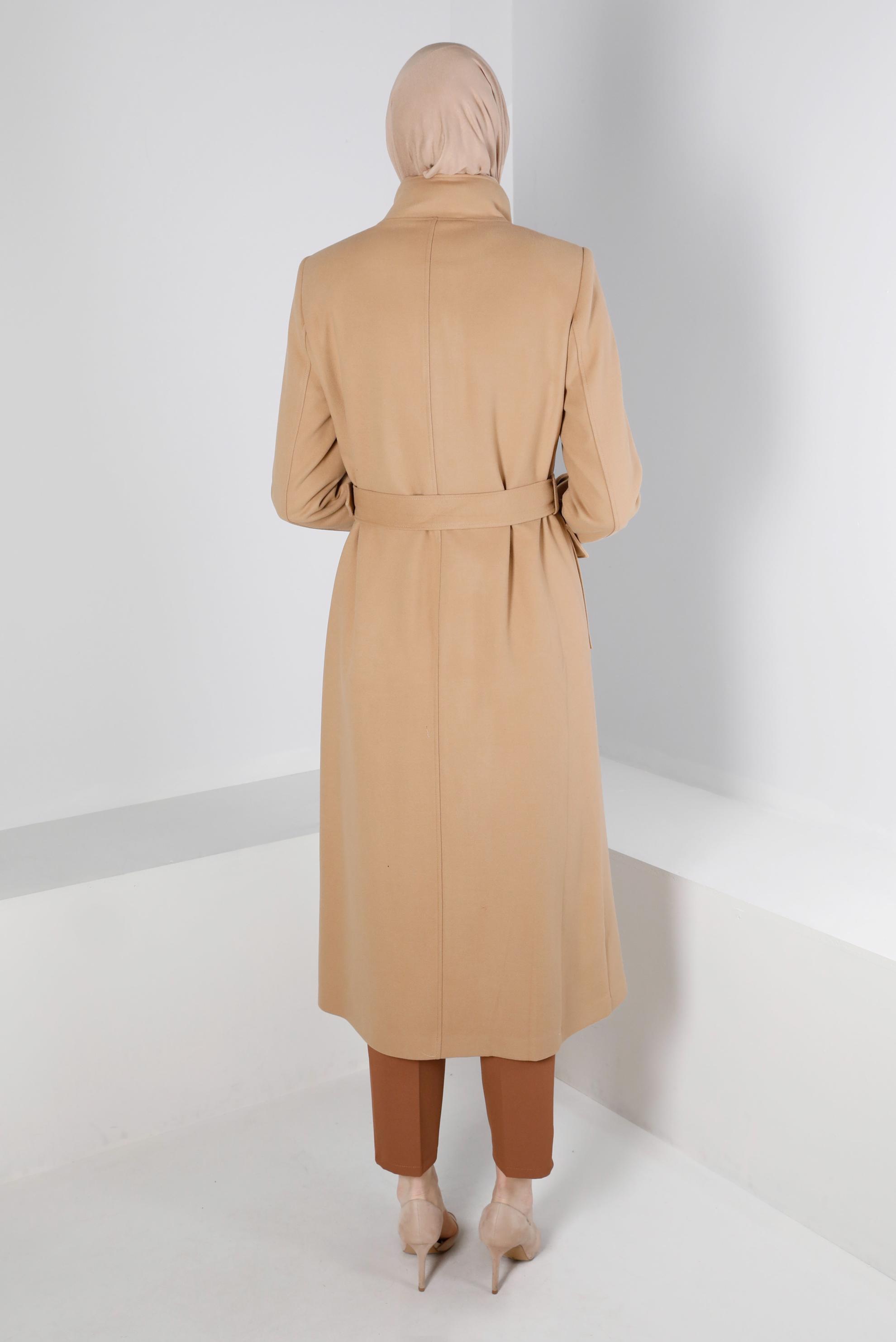 Tesettür giyim KAHVE KEMERLİ CEPLİ KABAN 90238 