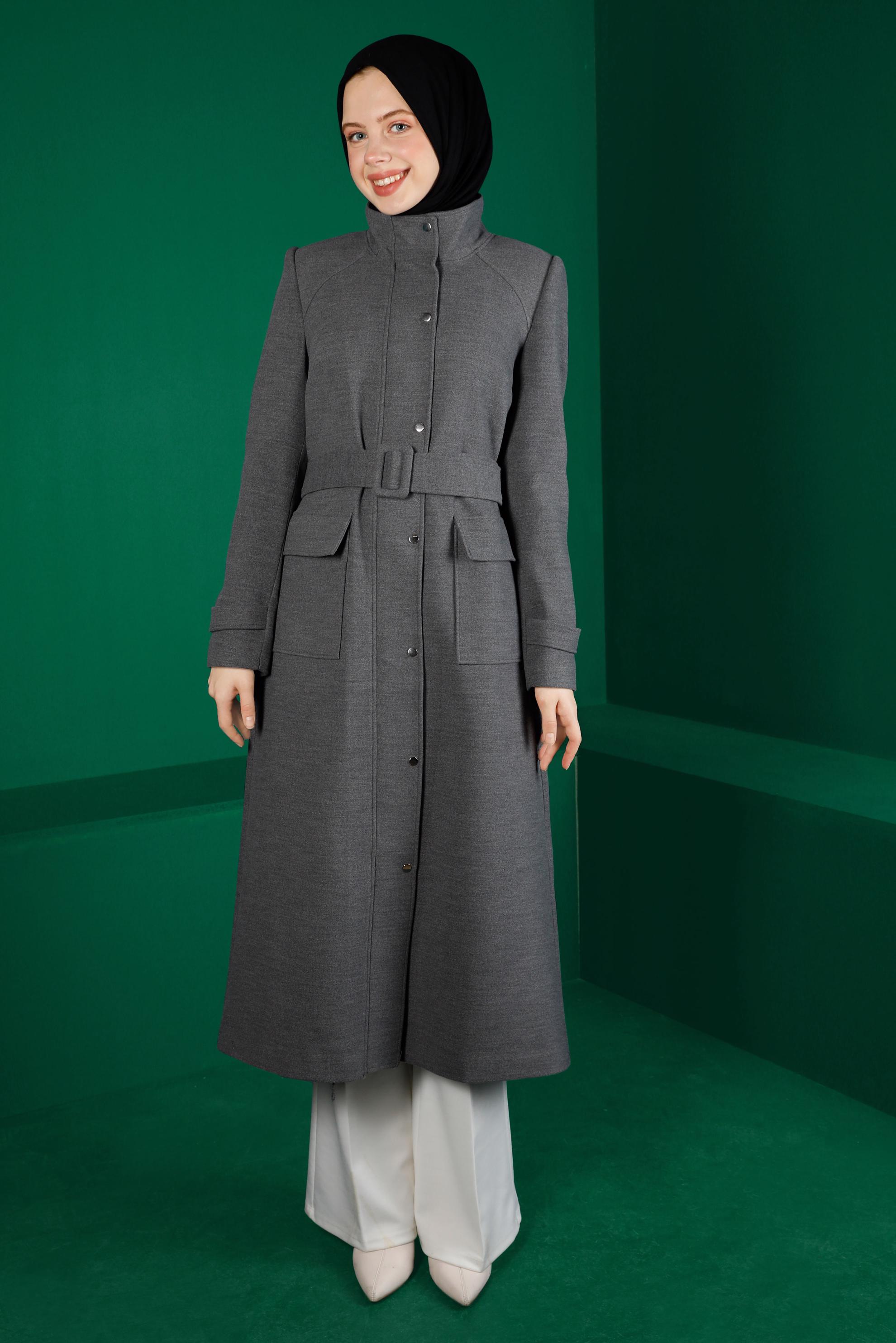 Tesettür giyim GRİ KEMERLİ CEPLİ KABAN 90238 