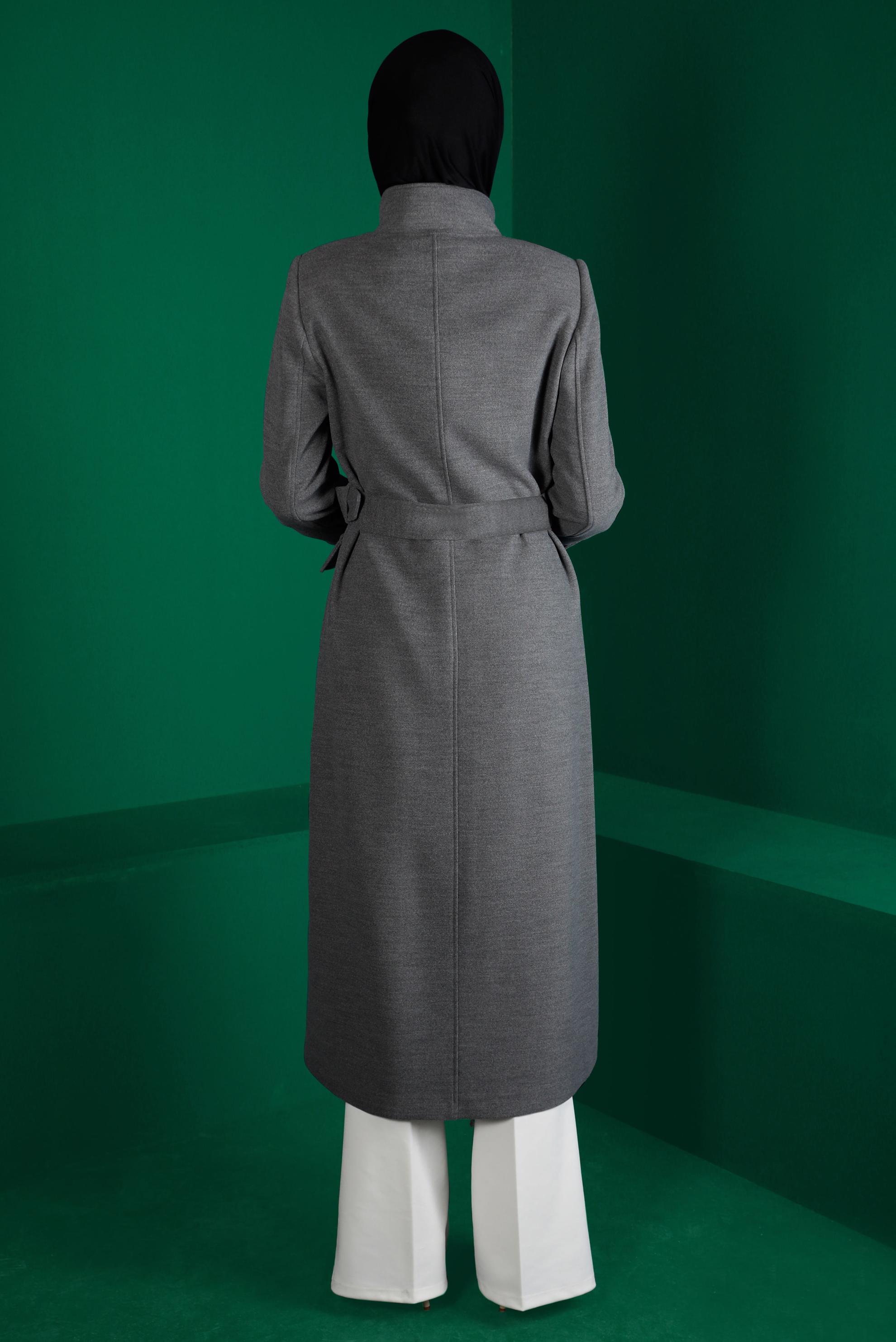 Tesettür giyim GRİ KEMERLİ CEPLİ KABAN 90238 