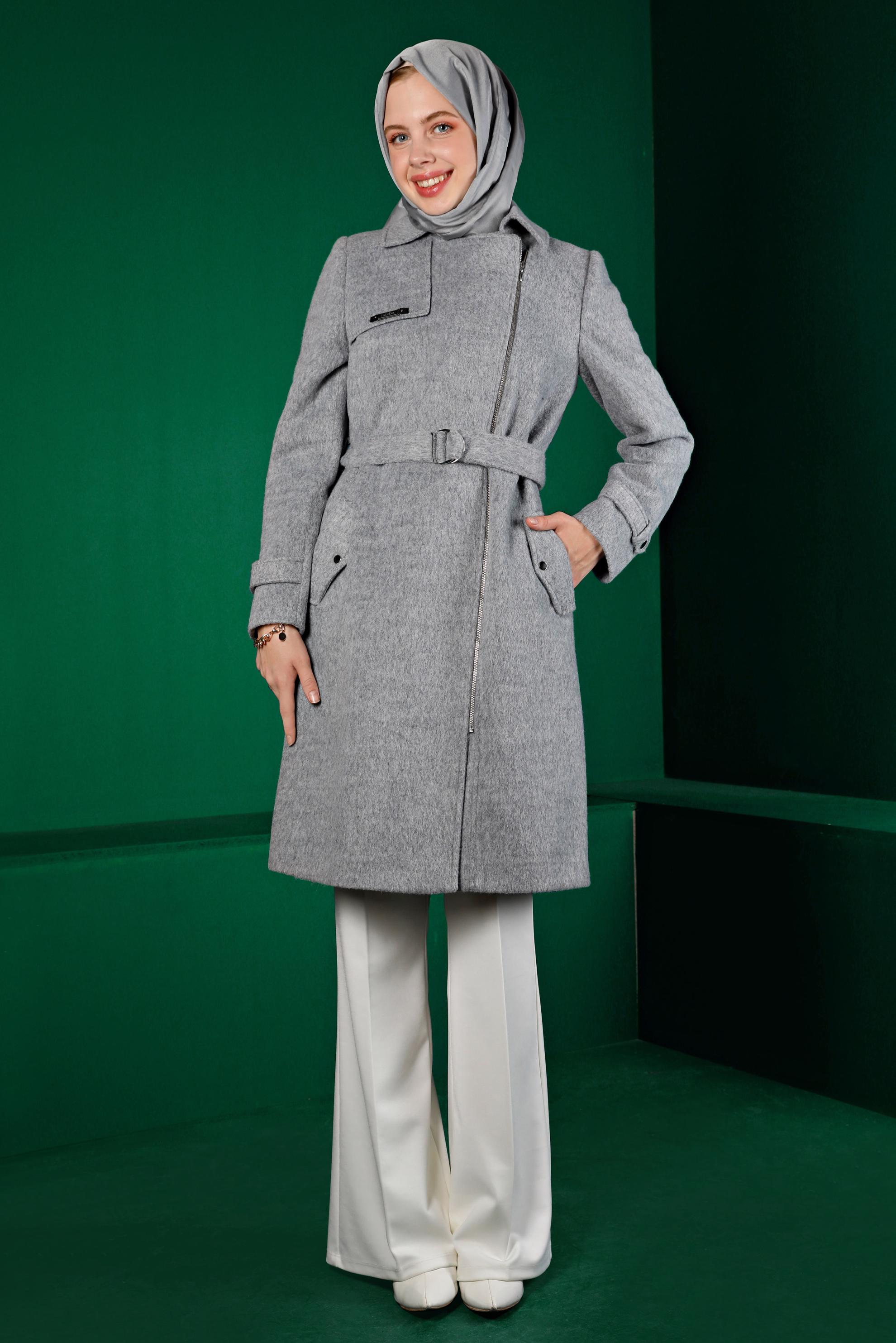 Tesettür giyim GRİ FERMUARLI KEMERLİ KABAN 90246