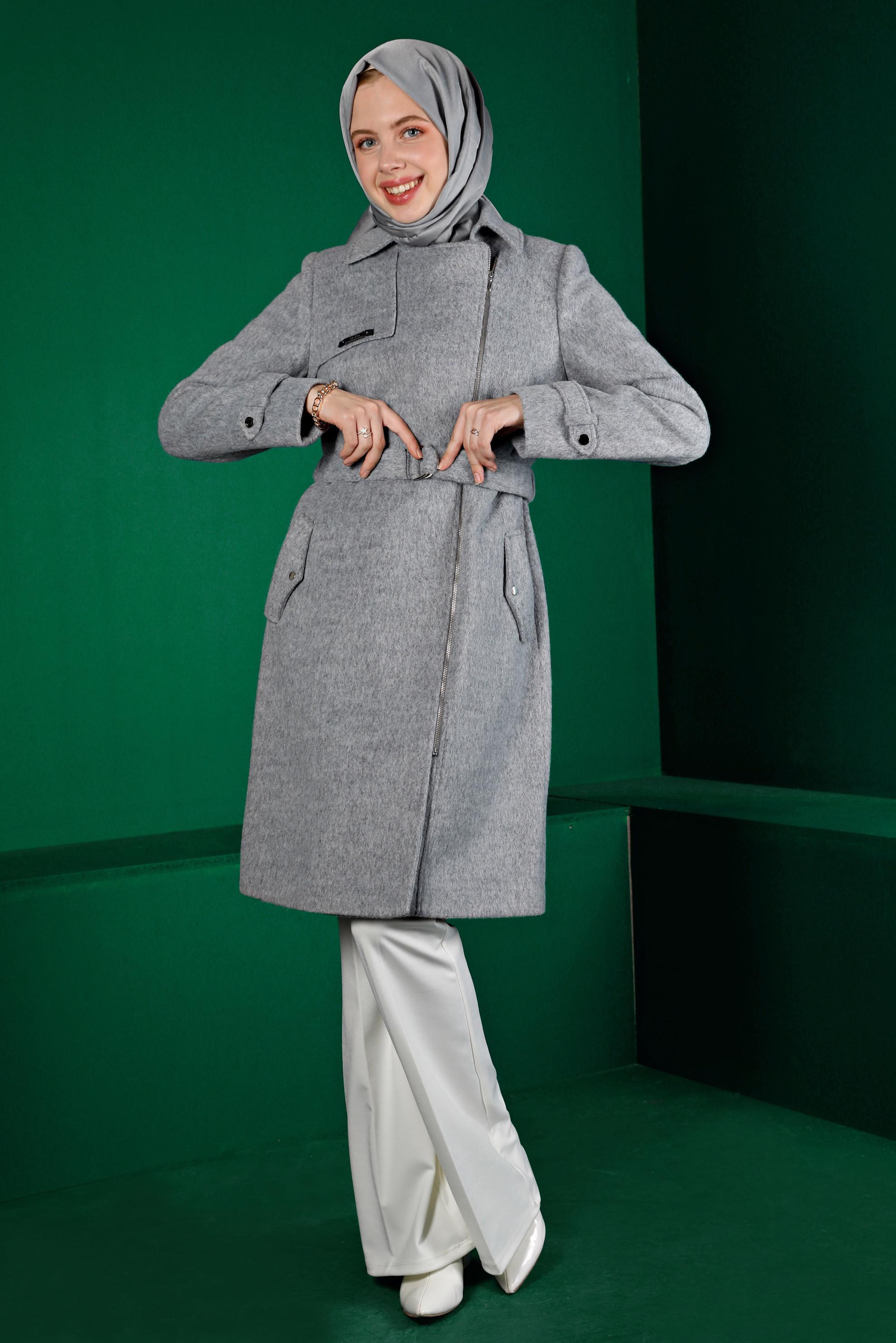 Tesettür giyim GRİ FERMUARLI KEMERLİ KABAN 90246