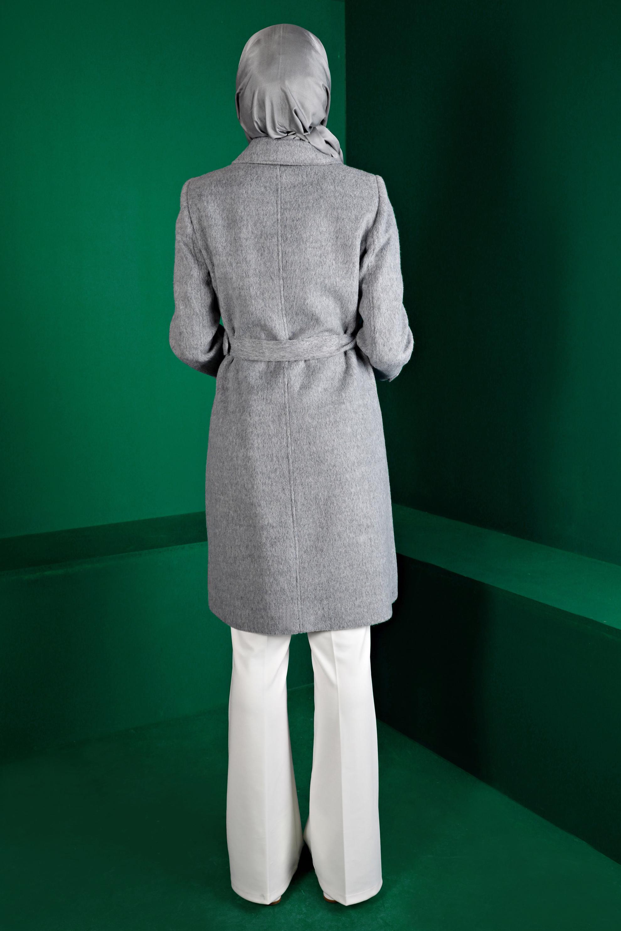 Tesettür giyim GRİ FERMUARLI KEMERLİ KABAN 90246