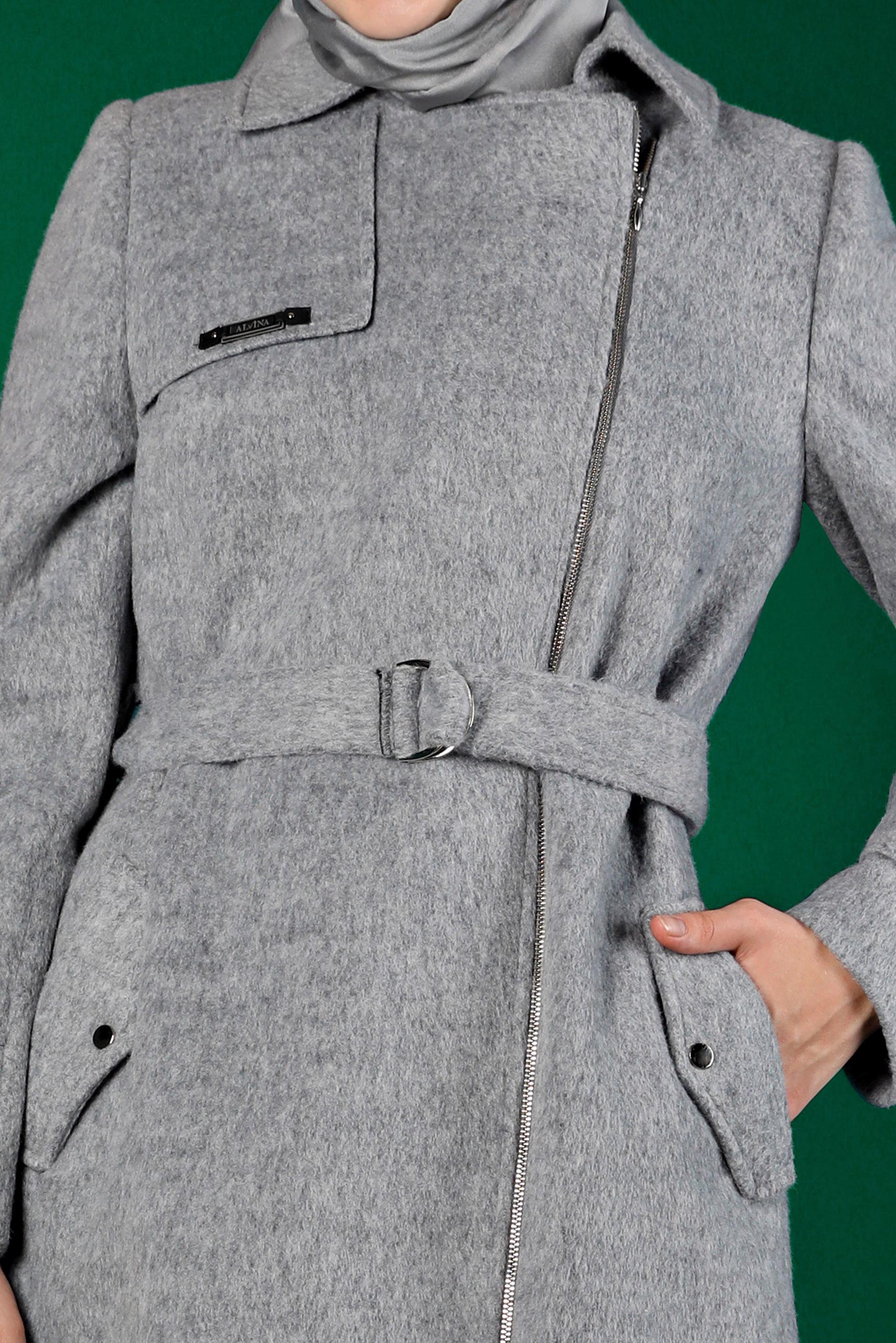 Tesettür giyim GRİ FERMUARLI KEMERLİ KABAN 90246