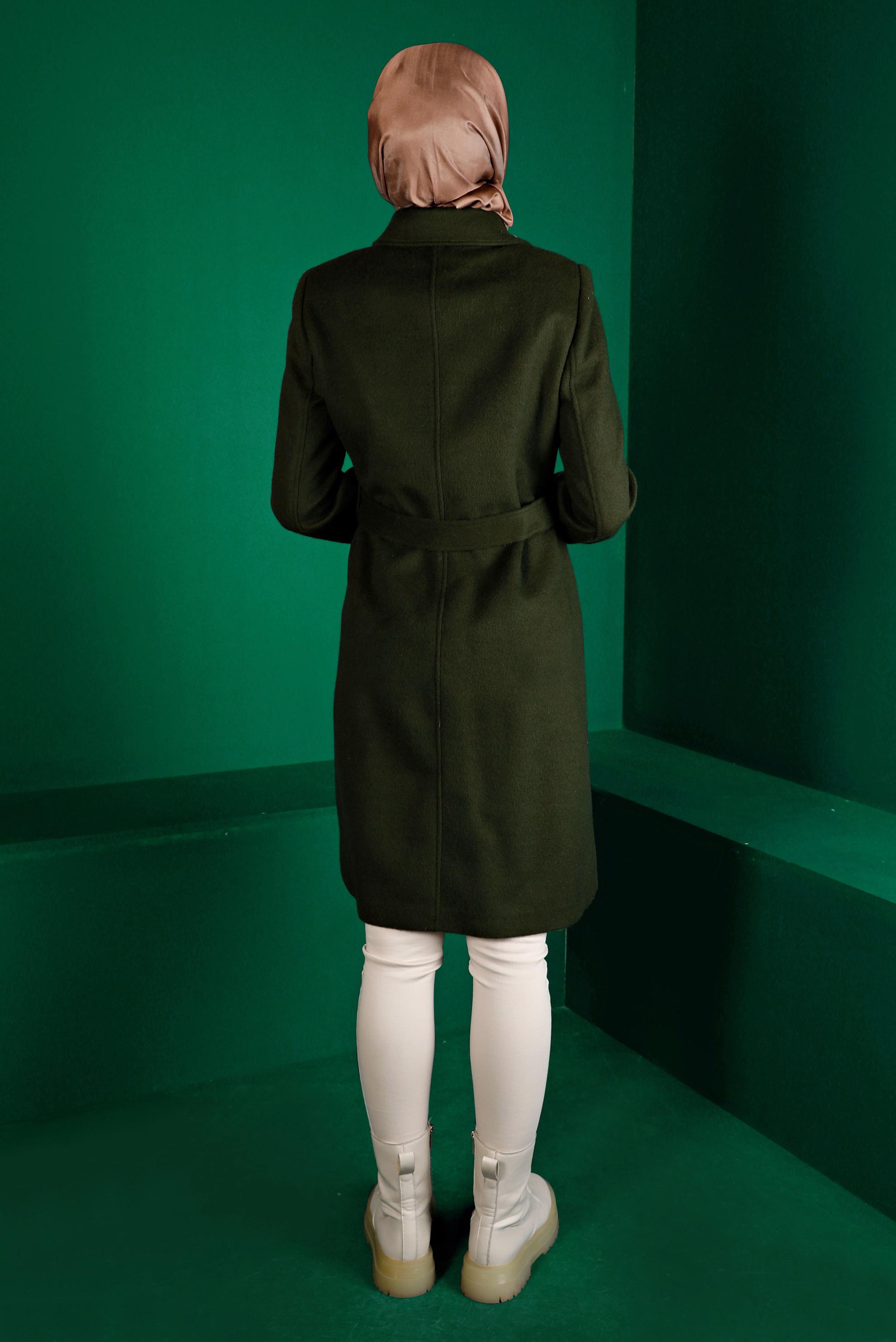 Tesettür giyim HAKİ FERMUARLI KEMERLİ KABAN 90246