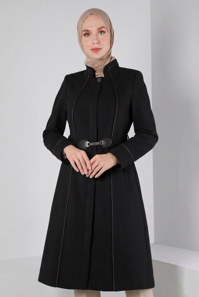 Vêtements hijab NOIR MANTEAU BOUTONNÉ À COL MANDARIN 90249 - ALVİNA