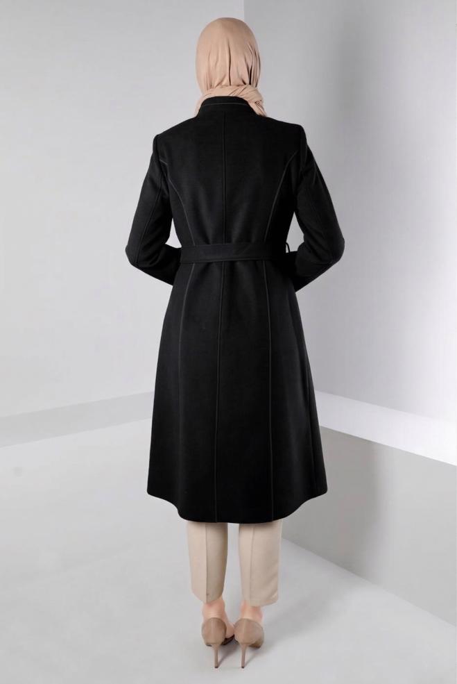 Vêtements hijab NOIR MANTEAU BOUTONNÉ À COL MANDARIN 90249 - ALVİNA
