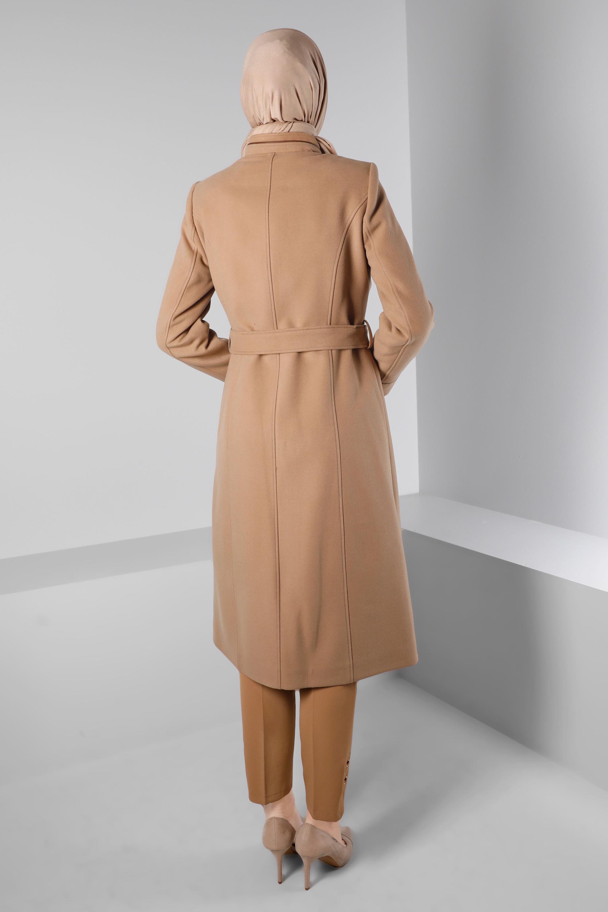 Tesettür giyim KAHVE HAKİM YAKA DÜĞMELİ KABAN 90249 