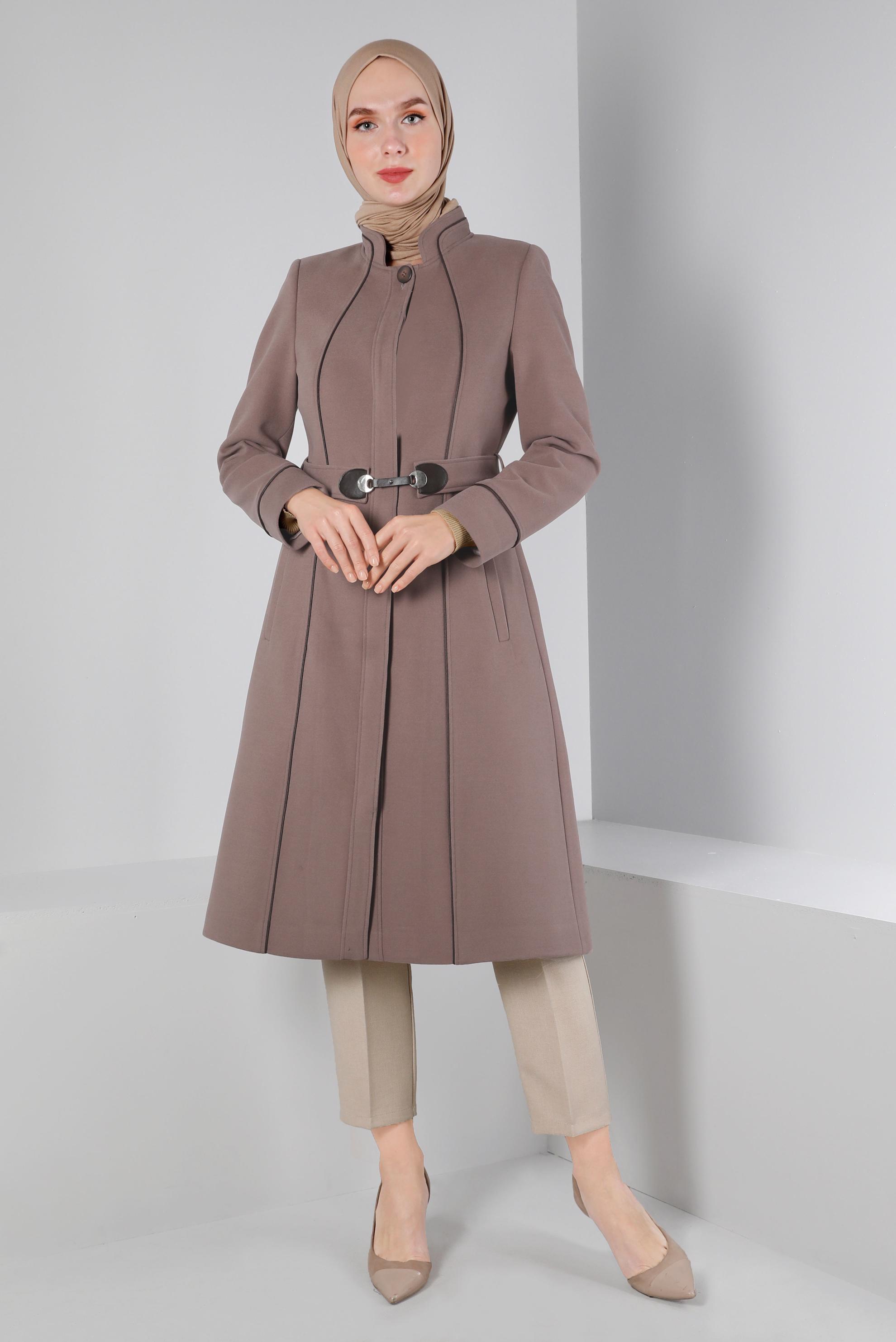 Tesettür giyim VİZON HAKİM YAKA DÜĞMELİ KABAN 90249 