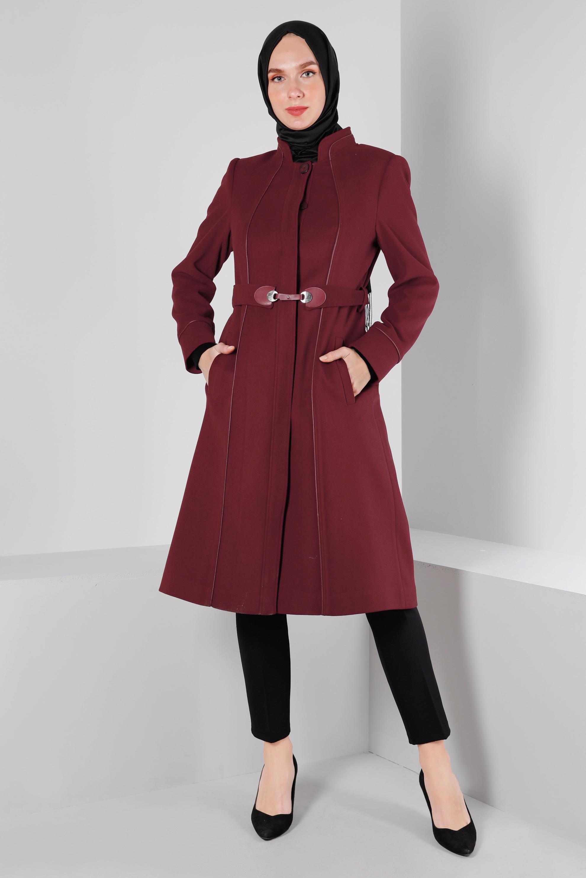 Tesettür giyim BORDO HAKİM YAKA DÜĞMELİ KABAN 90249 