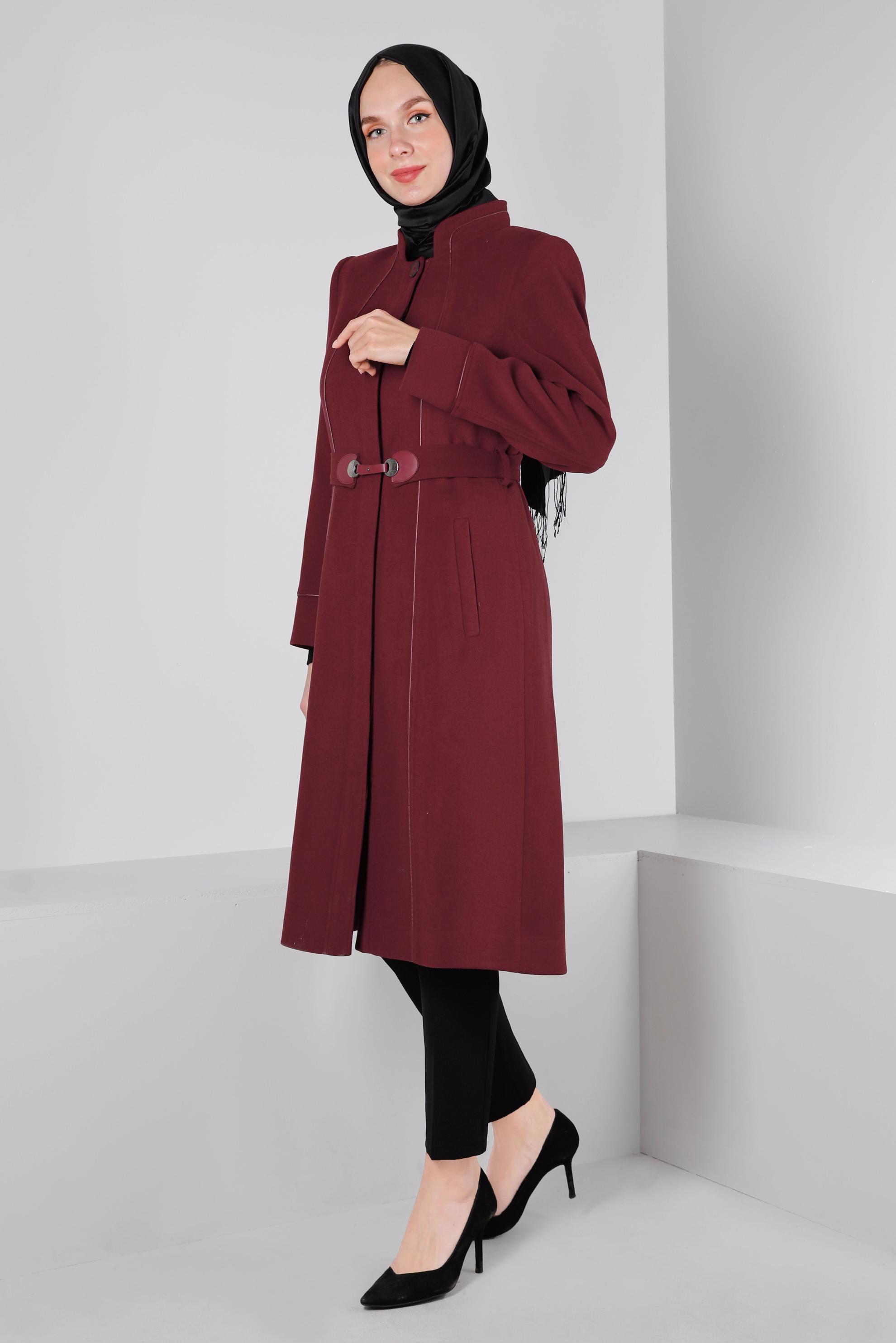 Tesettür giyim BORDO HAKİM YAKA DÜĞMELİ KABAN 90249 
