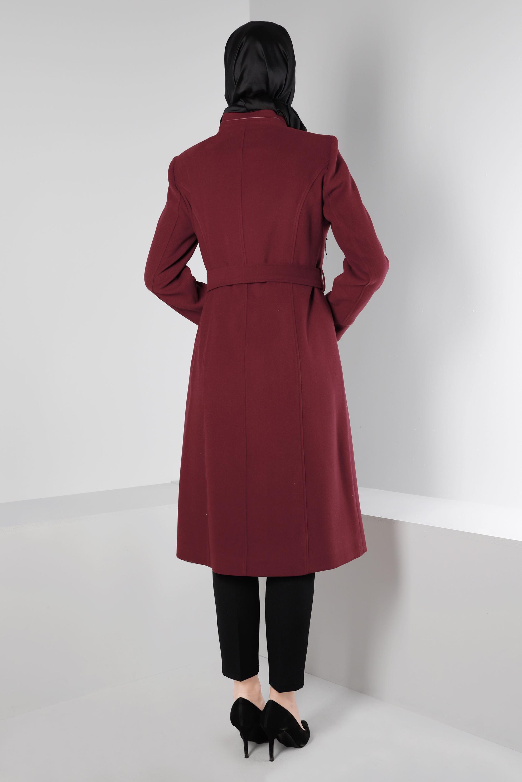 Tesettür giyim BORDO HAKİM YAKA DÜĞMELİ KABAN 90249 