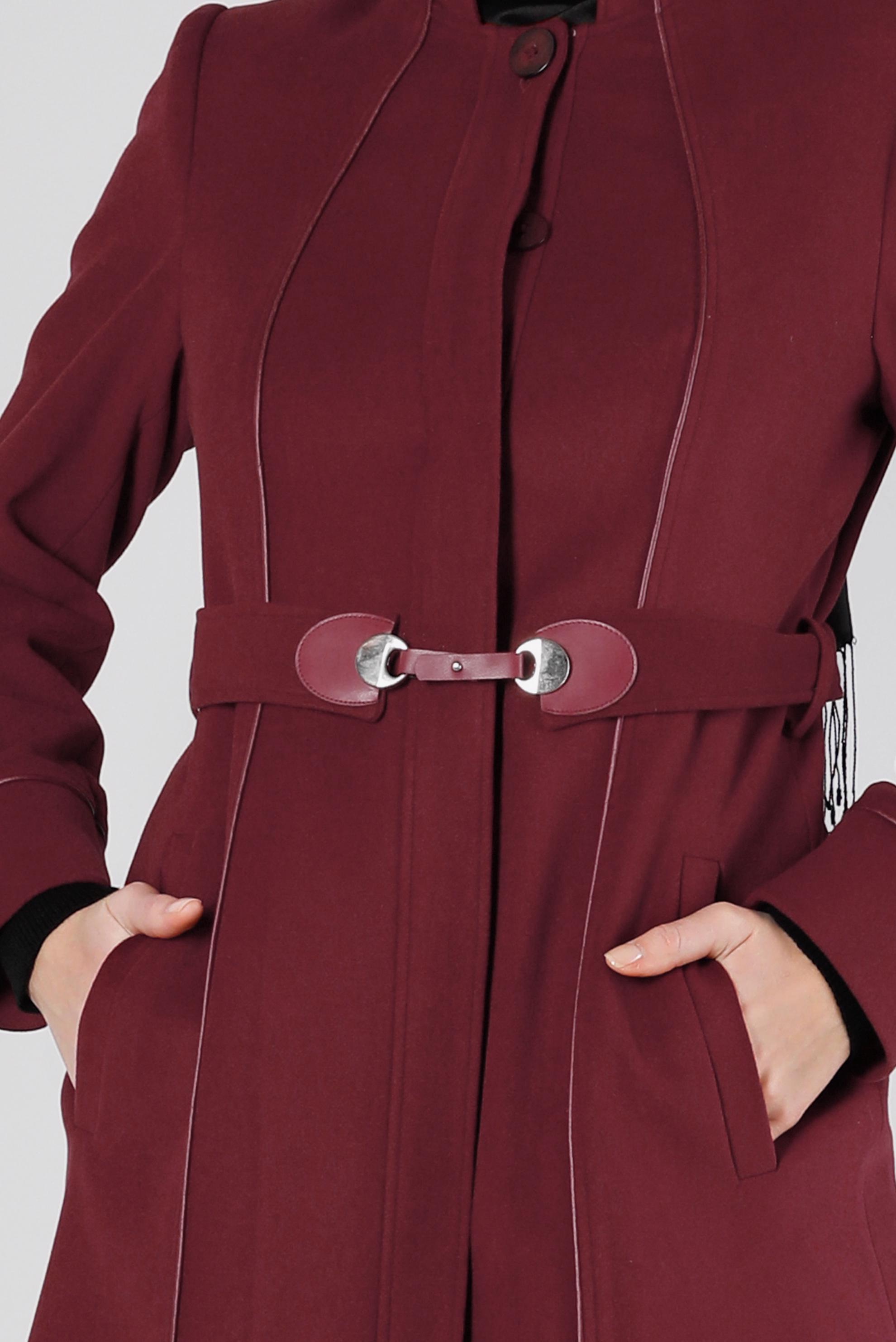 Tesettür giyim BORDO HAKİM YAKA DÜĞMELİ KABAN 90249 