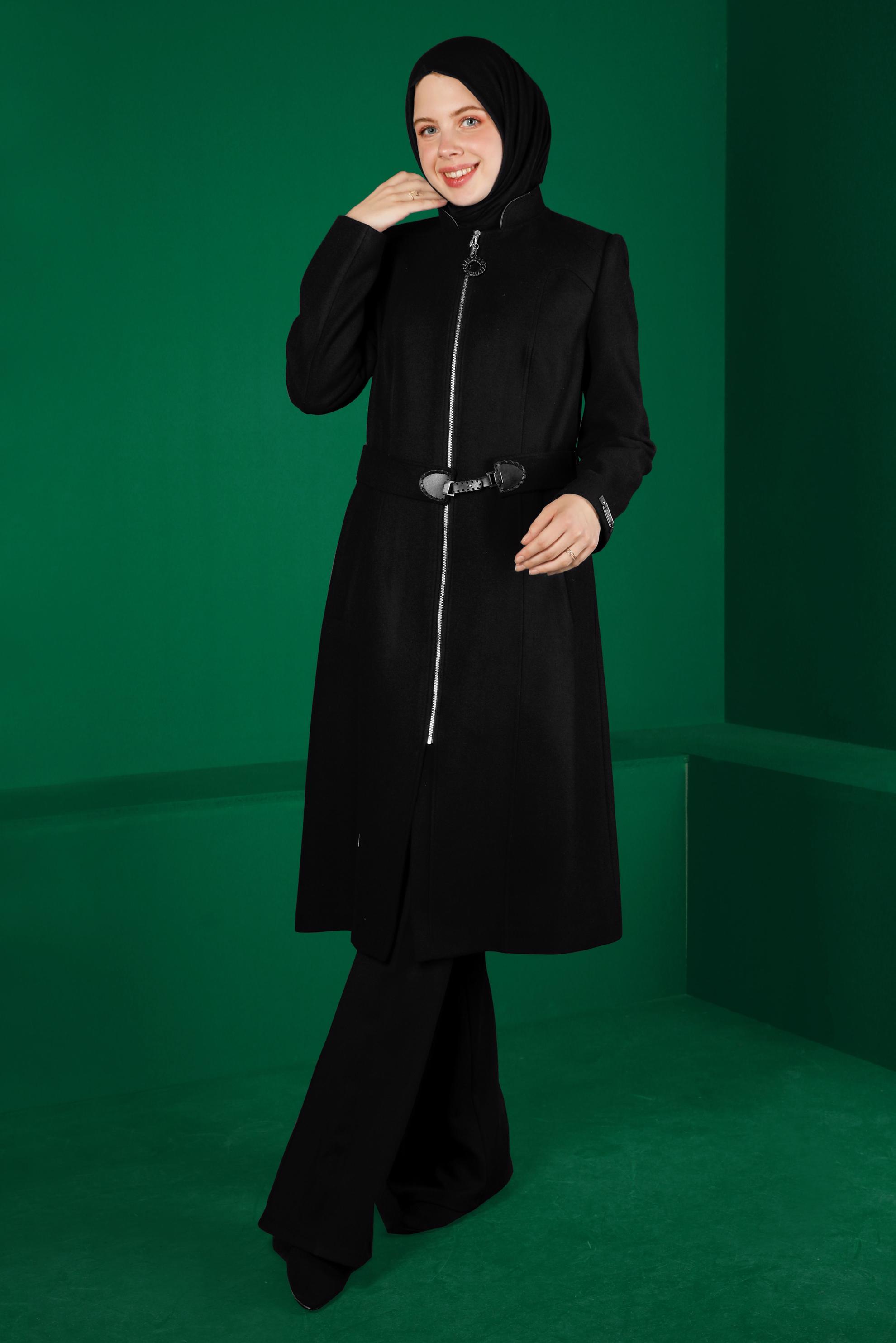 Tesettür giyim SİYAH FERMUARLI KUŞAKLI KABAN 90250 