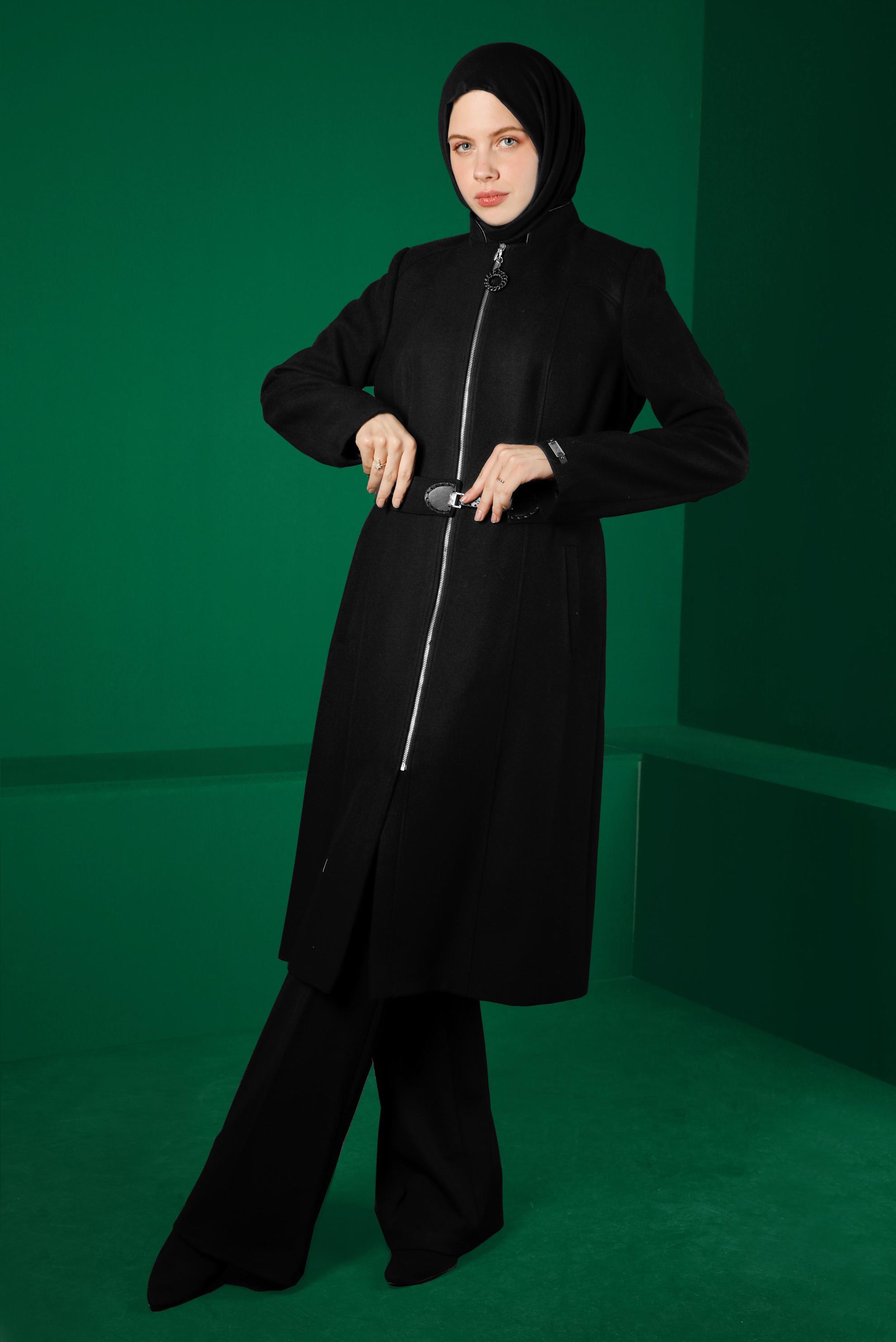 Tesettür giyim SİYAH FERMUARLI KUŞAKLI KABAN 90250 