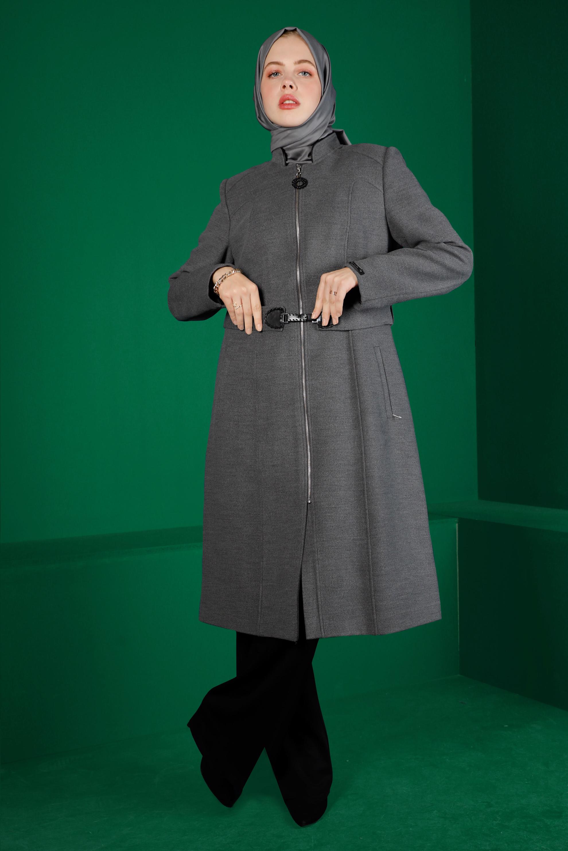 Tesettür giyim GRİ FERMUARLI KUŞAKLI KABAN 90250 