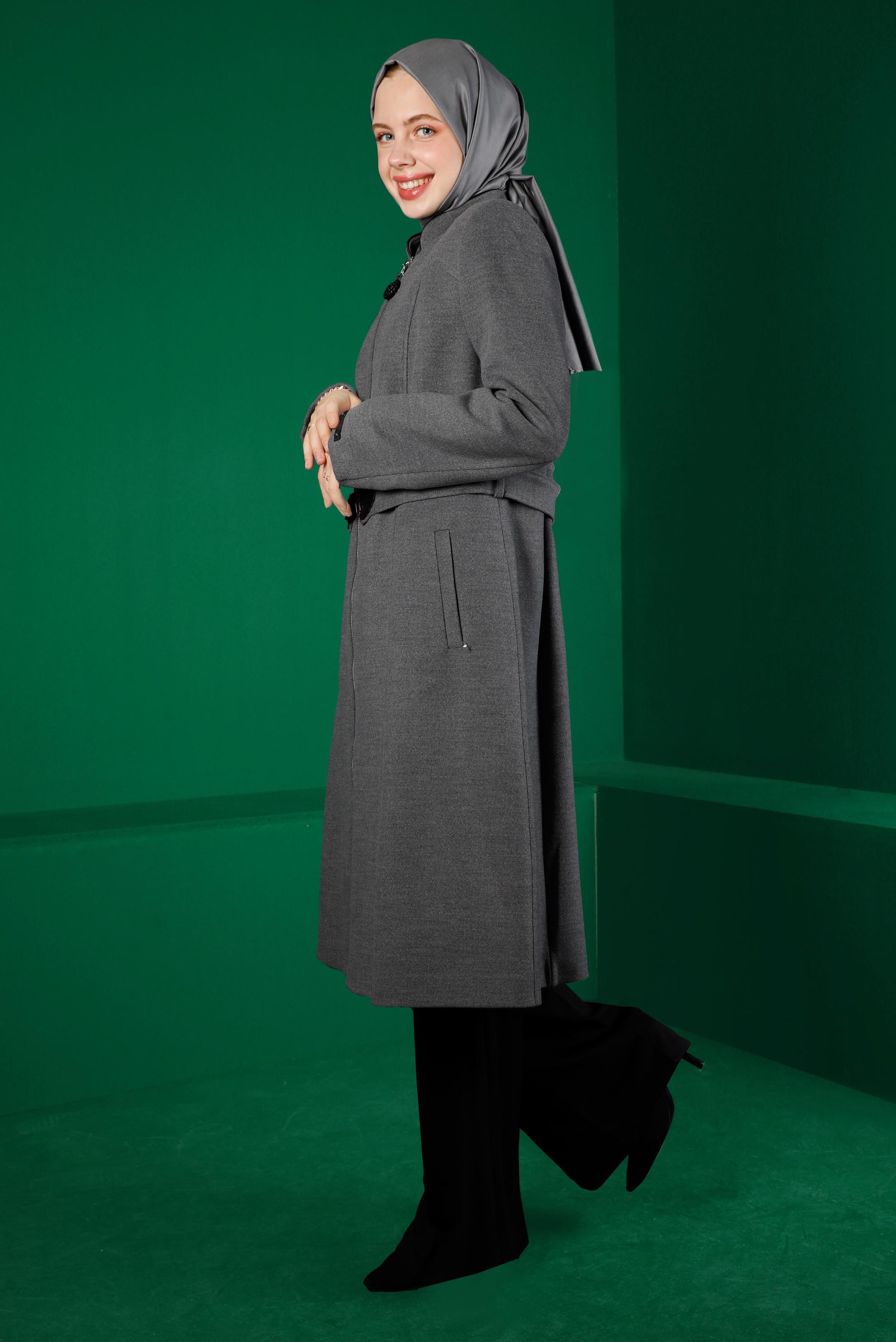 Tesettür giyim GRİ FERMUARLI KUŞAKLI KABAN 90250 