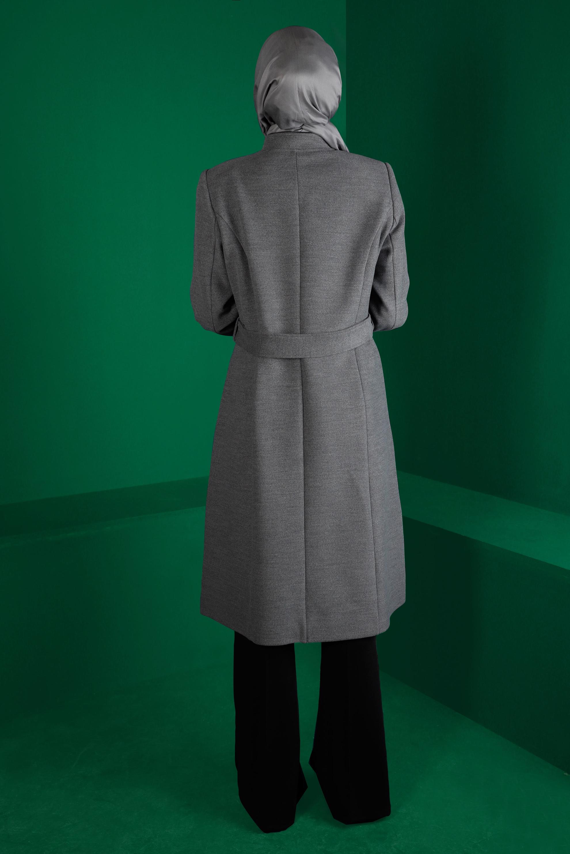 Tesettür giyim GRİ FERMUARLI KUŞAKLI KABAN 90250 