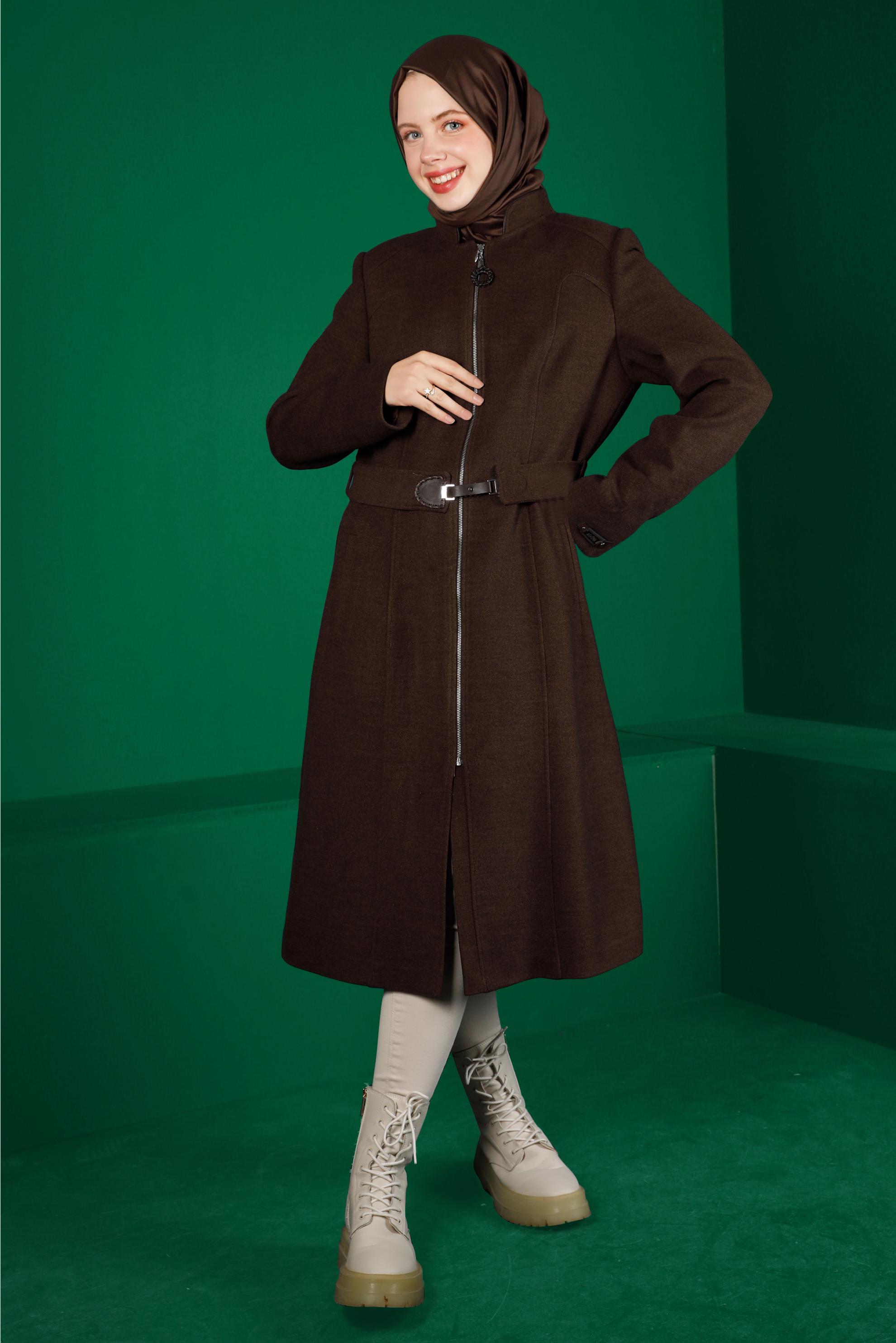 Tesettür giyim KAHVE FERMUARLI KUŞAKLI KABAN 90250 