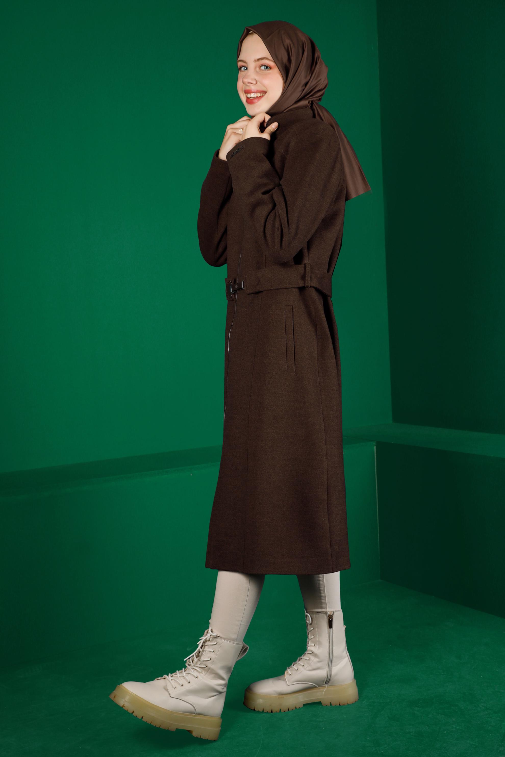 Tesettür giyim KAHVE FERMUARLI KUŞAKLI KABAN 90250 