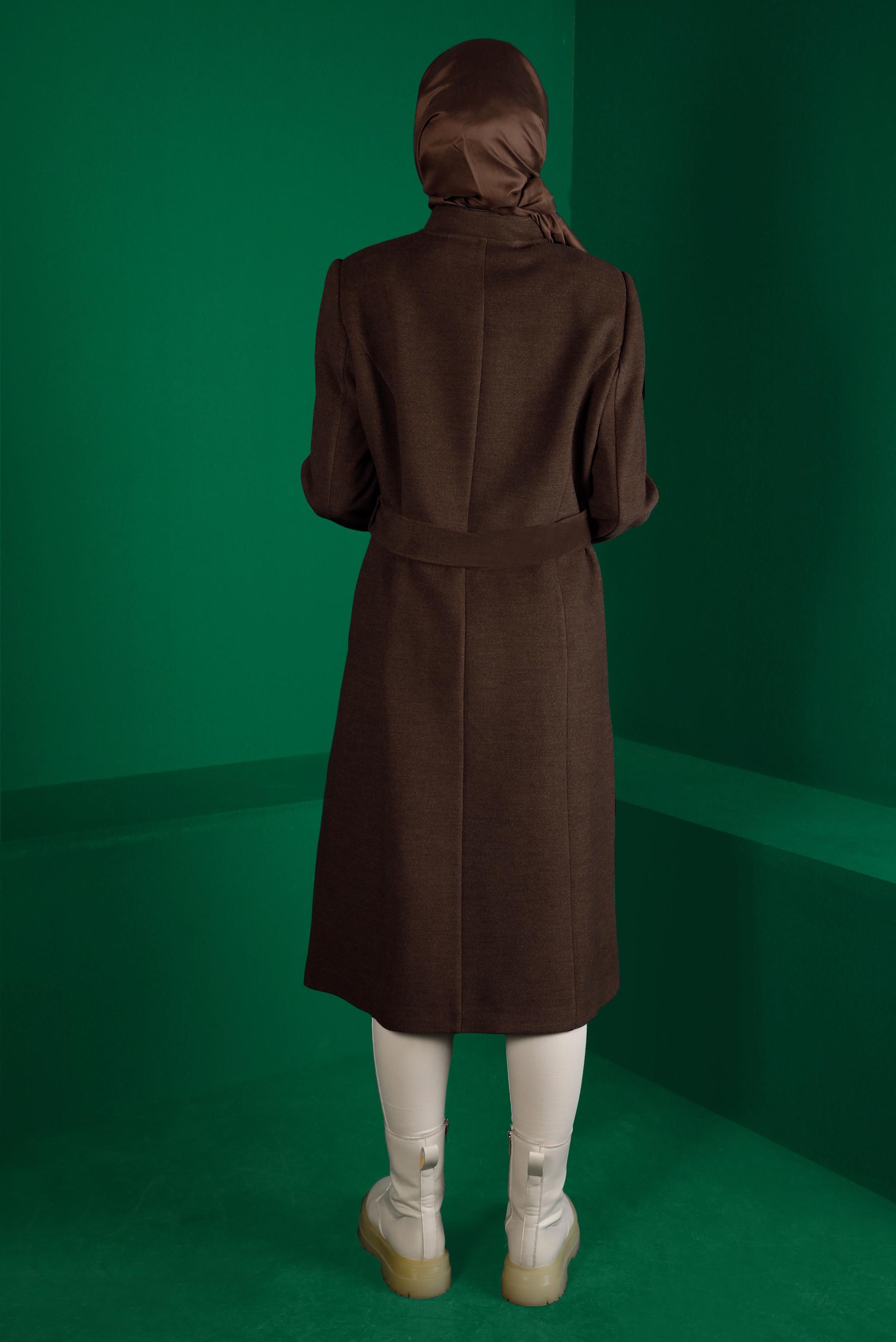 Tesettür giyim KAHVE FERMUARLI KUŞAKLI KABAN 90250 