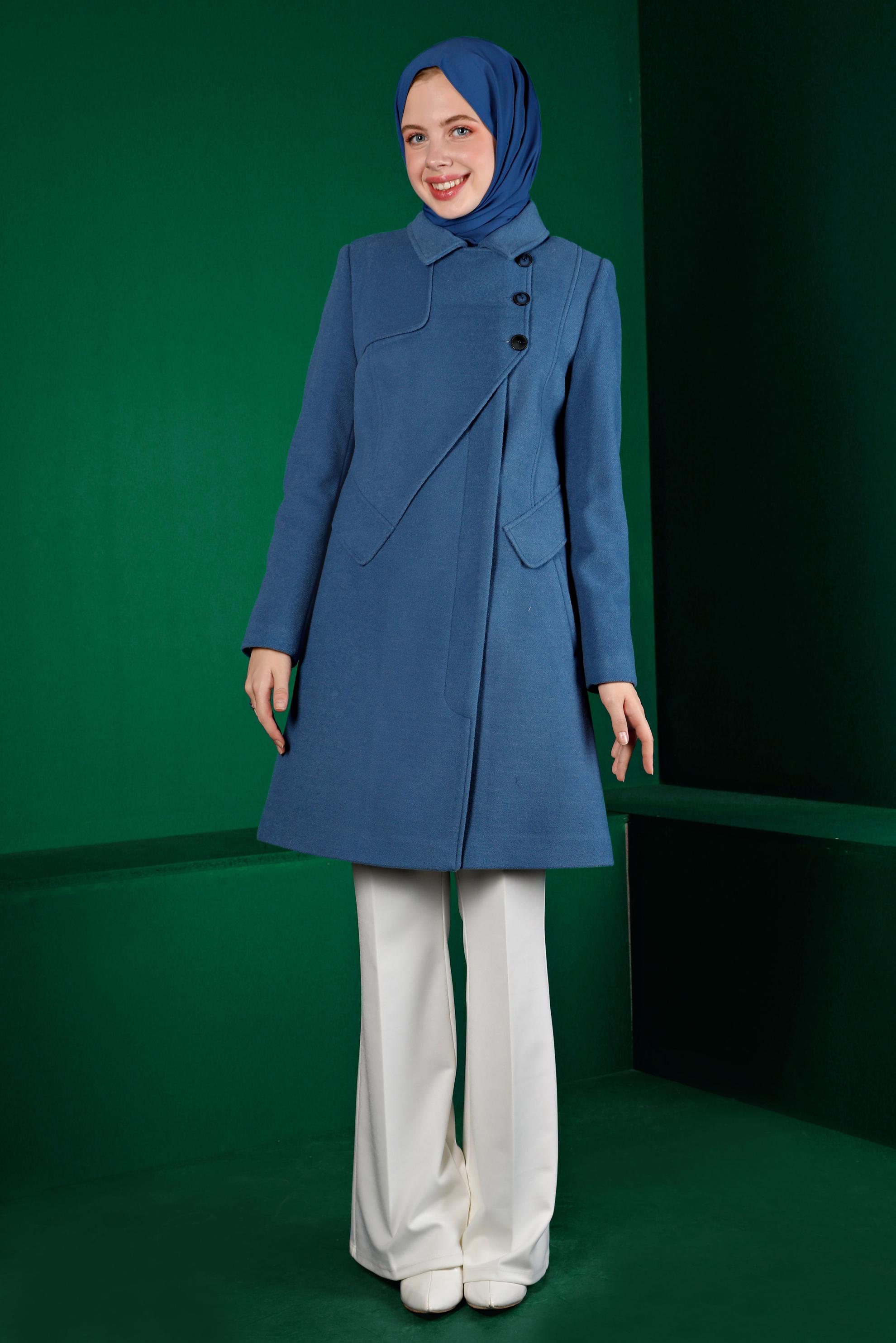 Tesettür giyim LACİVERT ASİMETRİK KESİM DÜĞMELİ KABAN 90251