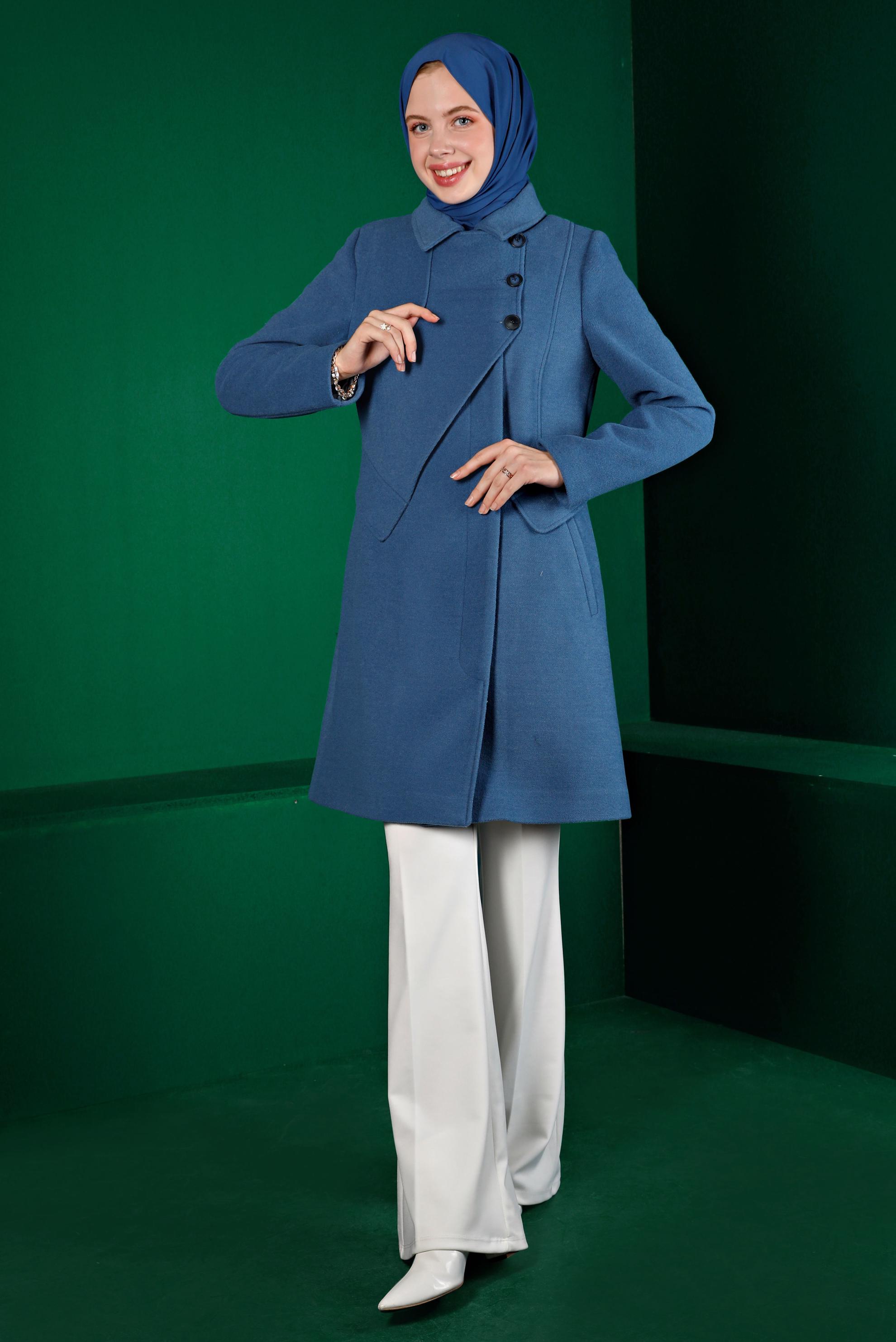 Tesettür giyim LACİVERT ASİMETRİK KESİM DÜĞMELİ KABAN 90251