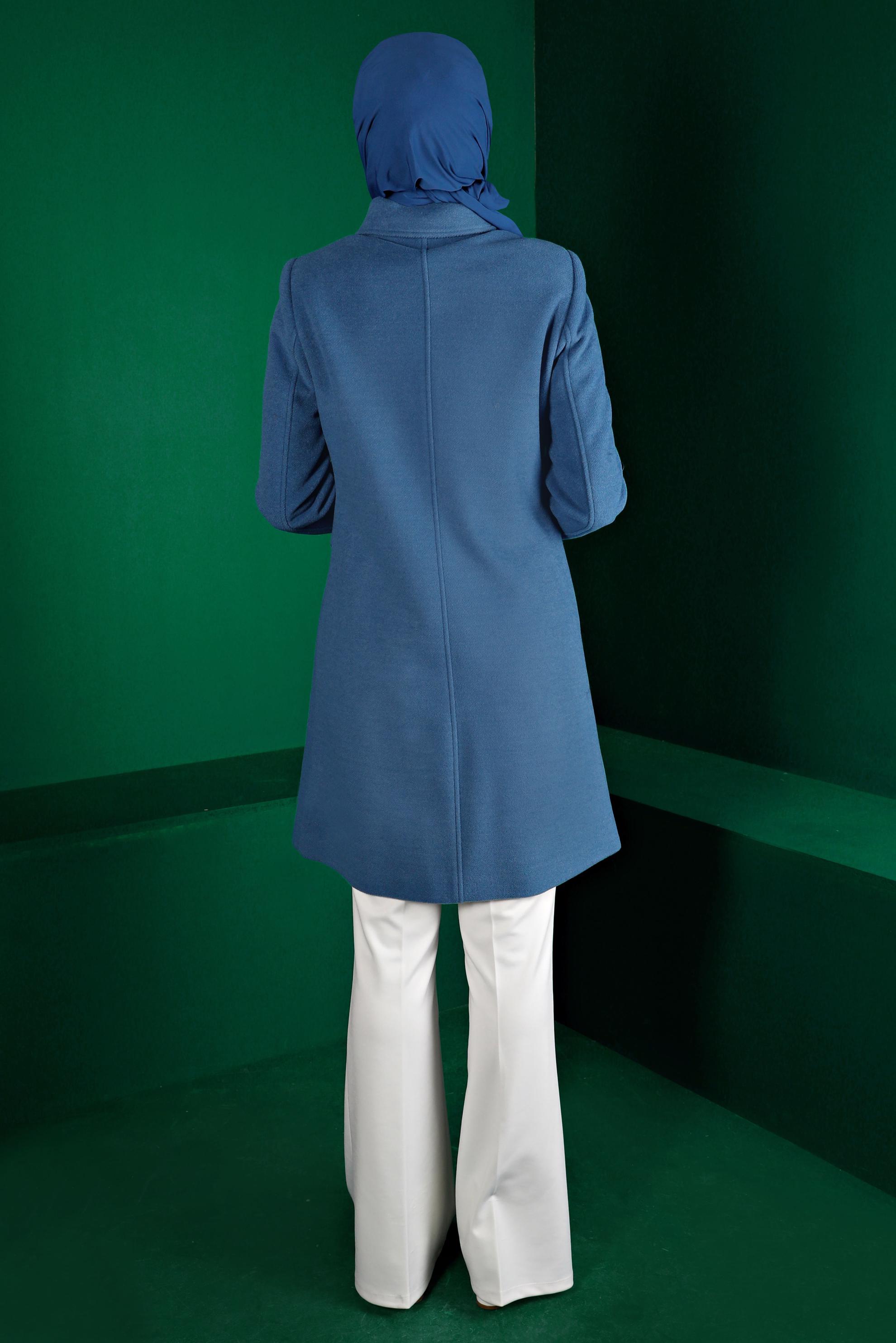 Tesettür giyim LACİVERT ASİMETRİK KESİM DÜĞMELİ KABAN 90251